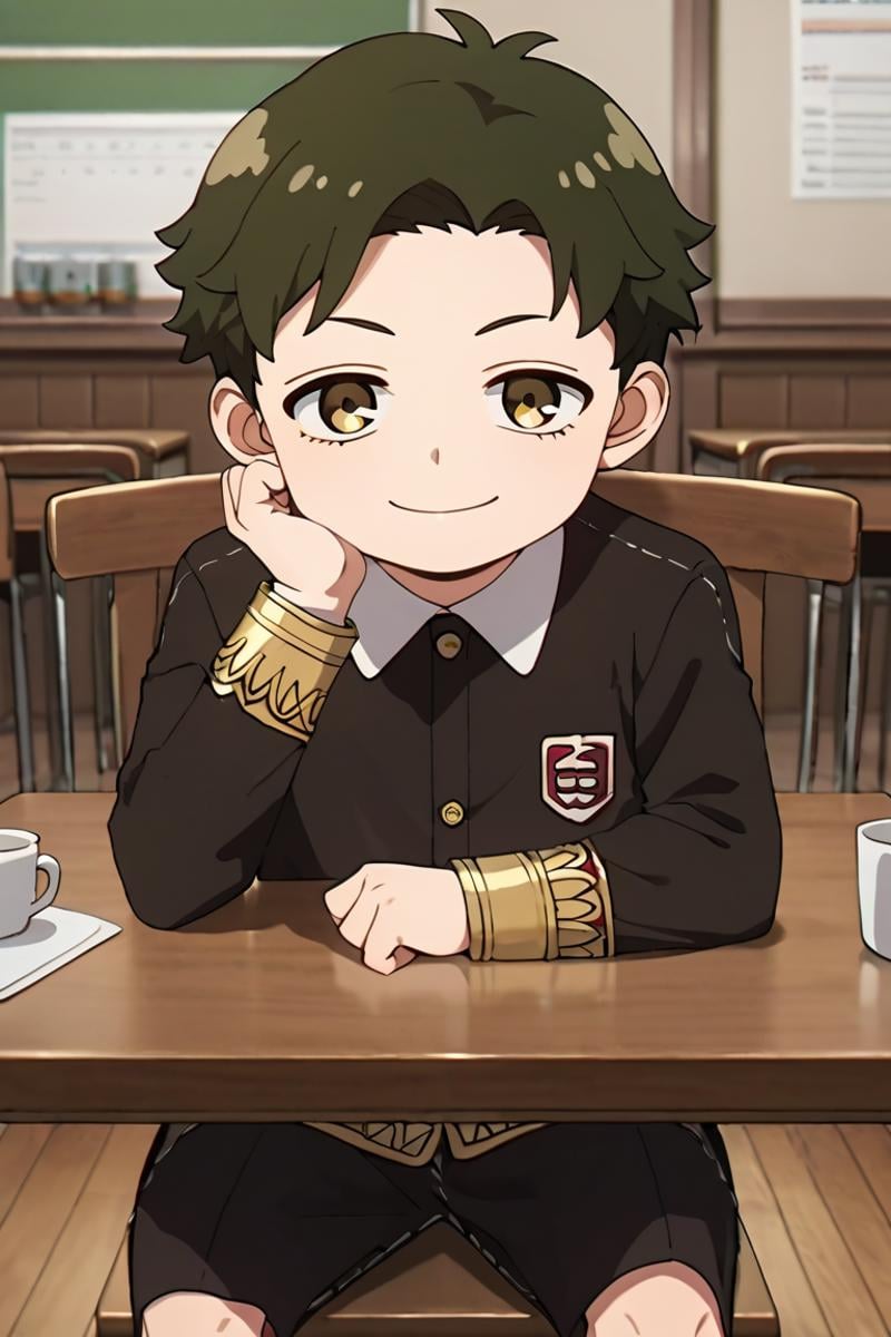 score_9,score_8_up,score_7_up,source_anime,1boy,solo,looking at viewer,male child,Damian Desmond,Greenish Brown hair, brown eyes, smile, sitting, indoors,Table and chair,eden academy school uniform<lora:EMS-404125-EMS:0.800000>
