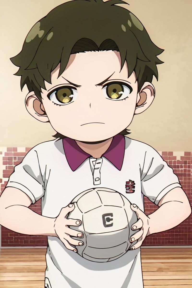 score_9,score_8_up,score_7_up,source_anime,1boy,solo,looking at viewer,male child,Damian Desmond,Greenish Brown hair, brown eyes, sportswear,White shirt, holding ball, volleyball<lora:EMS-404125-EMS:1.000000>