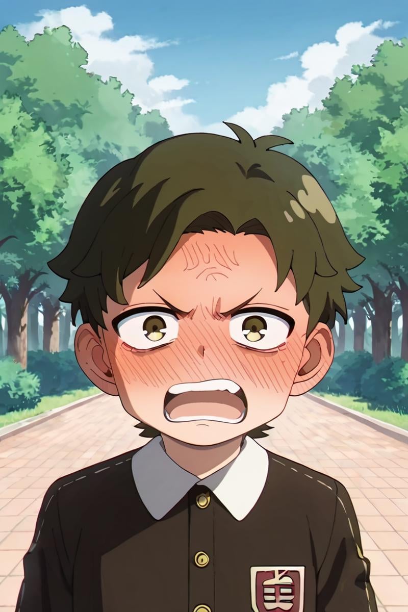 score_9,score_8_up,score_7_up,source_anime,1boy,solo,looking at viewer, Damian Desmond,Greenish Brown hair, brown eyes, eden academy school uniform, outdoors, clenched_fist, open mouth, full-face blush, angry<lora:EMS-404125-EMS:1.000000>