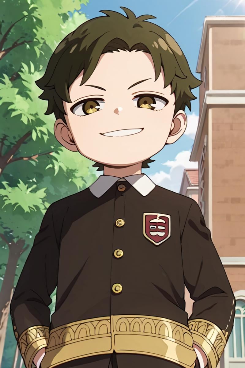 score_9,score_8_up,score_7_up,source_anime,1boy,solo,looking at viewer, male child,Damian Desmond,Greenish Brown hair, brown eyes, eden academy school uniform, smug, smile, from below, standing,hands in pockets, outdoors<lora:EMS-404125-EMS:0.800000>