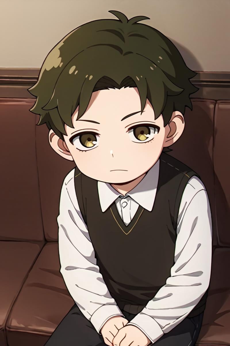 score_9,score_8_up,score_7_up,source_anime,1boy,solo,looking at viewer, male child,Damian Desmond,Greenish Brown hair, brown eyes, sweater vest,collared shirt, sitting<lora:EMS-404125-EMS:0.800000>