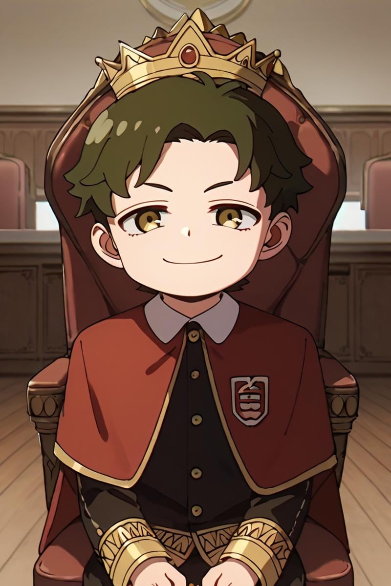 score_9,score_8_up,score_7_up,source_anime,1boy,solo,looking at viewer, male child,Damian Desmond,Greenish Brown hair, brown eyes, eden academy school uniform, smile, indoors, smug,emperor chair,king chair, king red cloak, sitting, crown<lora:EMS-404125-EMS:1.000000>