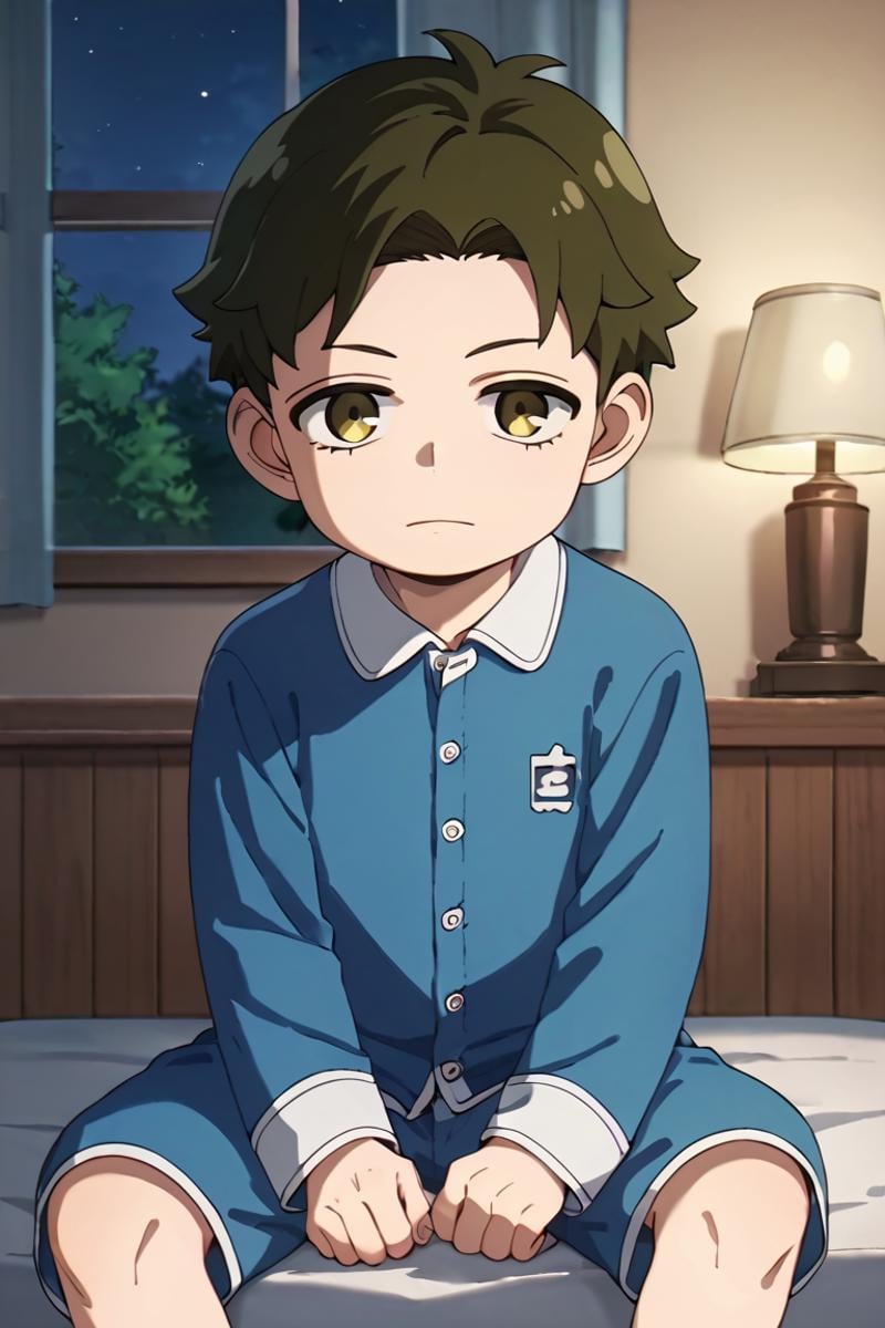 score_9,score_8_up,score_7_up,source_anime,1boy,solo,looking at viewer,male child,Damian Desmond,Greenish Brown hair, brown eyes, blue pajama, indoors, night, sitting, pajama<lora:EMS-404125-EMS:1.000000>