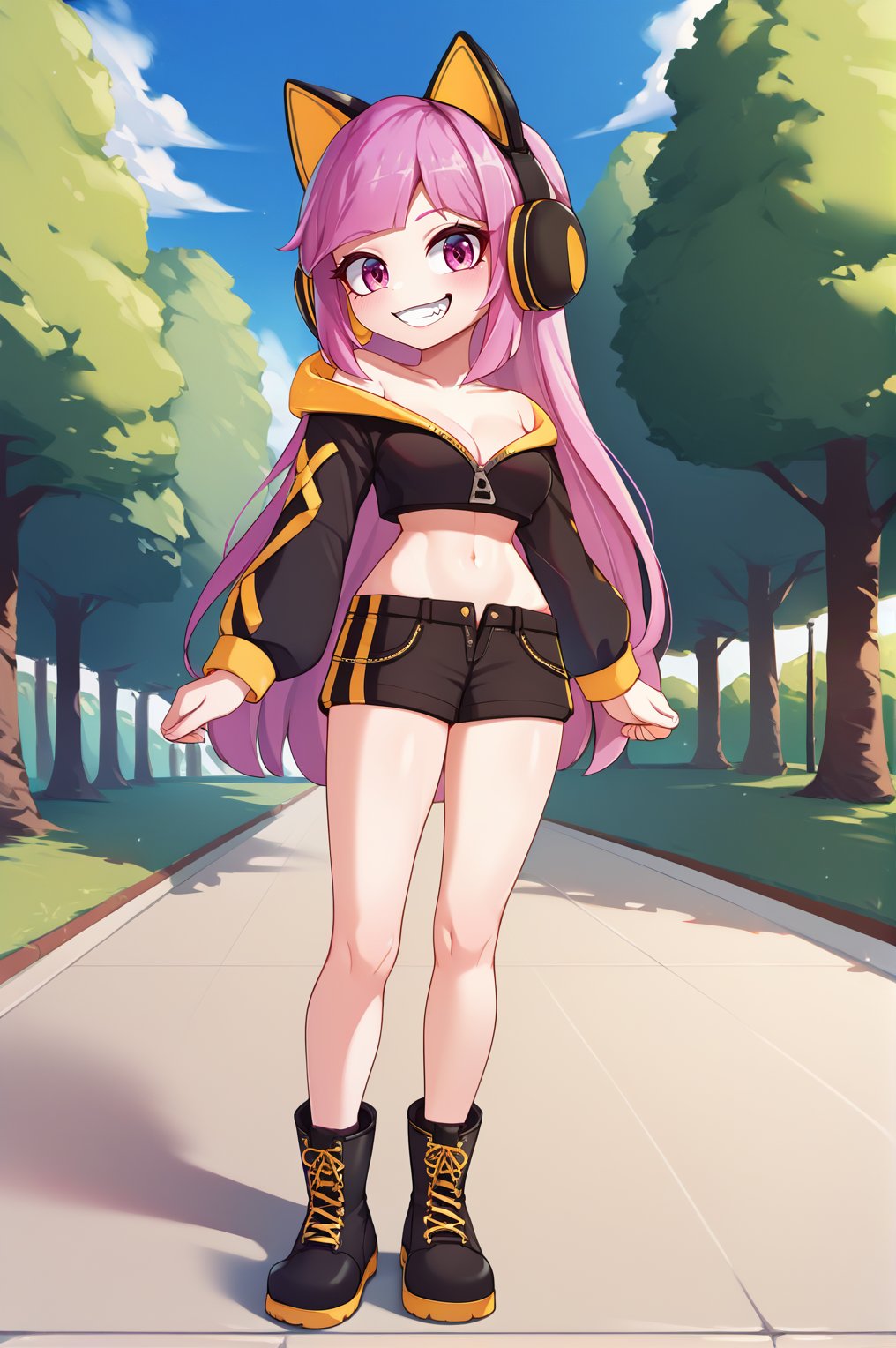 score_9_up, score_8_up, score_7_up, source_real, BREAK, ic-313n, 1girl, long hair, pink hair, cat ear headphones, pink eyes, smile, clenched teeth, black jacket, cropped jacket, crop top, black shorts, black boots, standing, full body, outdoors, park,