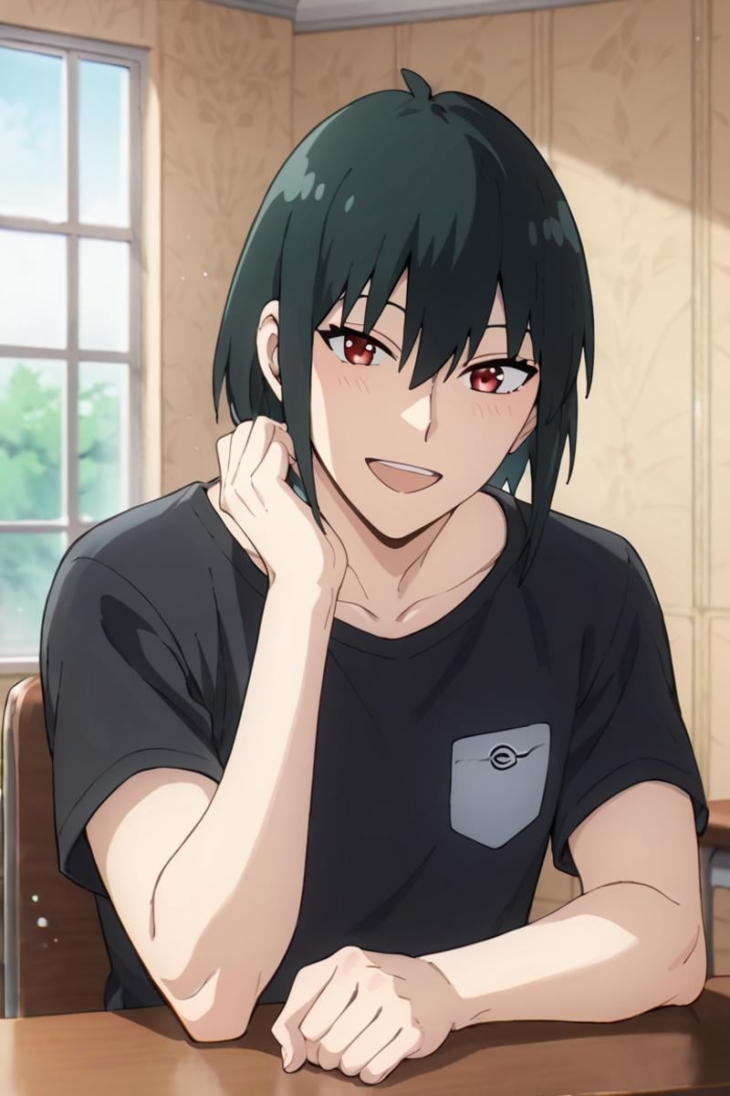 score_9,score_8_up,score_7_up,source_anime,1boy,solo,looking at viewer,Yuri Briar,black hair, red eyes,Black shirt,t-shirt, upper body, smile, indoors, table, chair, open mouth<lora:EMS-404388-EMS:0.800000>