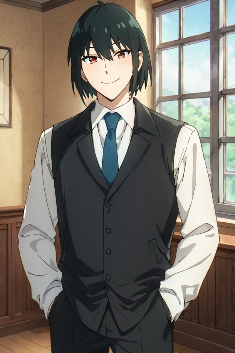 score_9,score_8_up,score_7_up,source_anime,1boy,solo,looking at viewer,Yuri Briar,black hair, red eyes,black vest, white shirt, blue necktie, smile, standing, hands in pockets, indoors, window<lora:EMS-404388-EMS:0.800000>