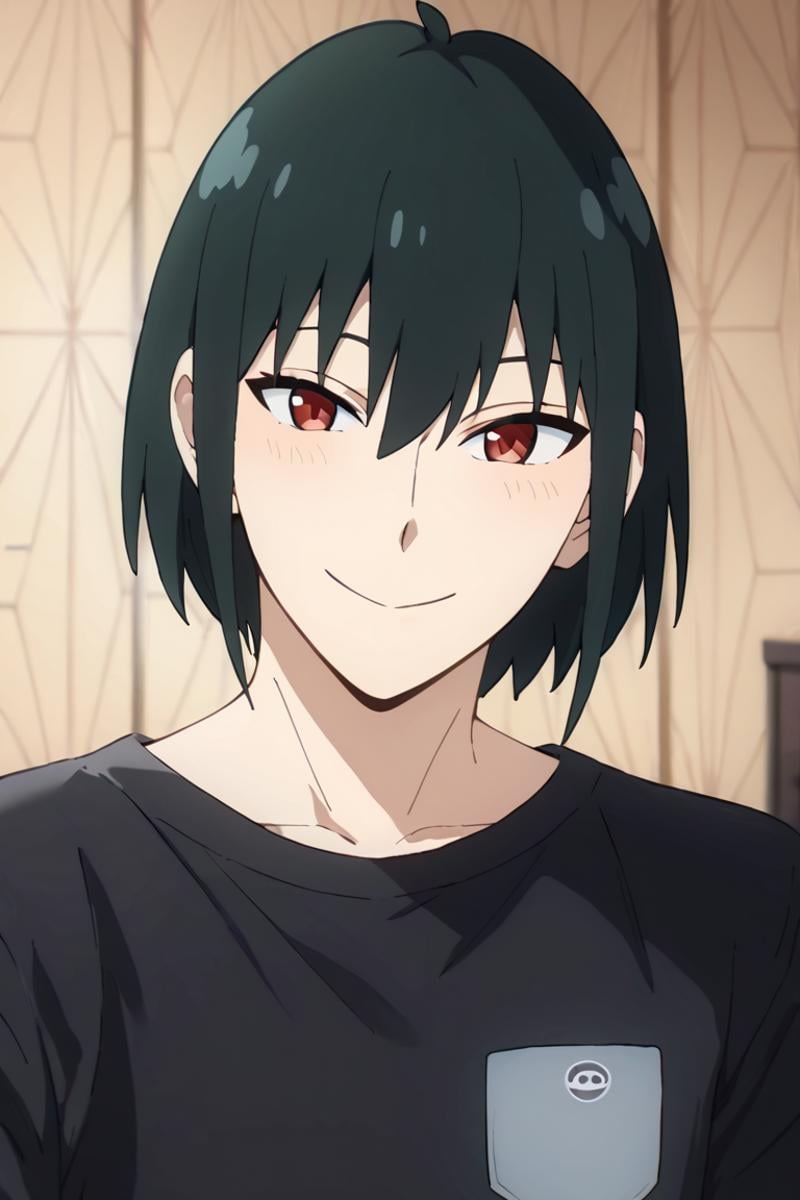score_9,score_8_up,score_7_up,source_anime,1boy,solo,looking at viewer,Yuri Briar,black hair, red eyes,Black shirt,t-shirt, upper body, smile, indoors<lora:EMS-404388-EMS:0.800000>