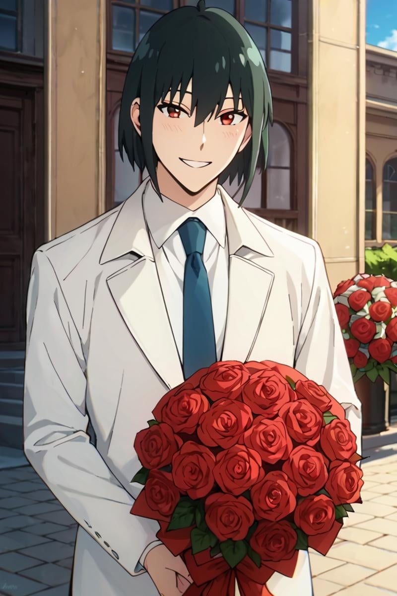 score_9,score_8_up,score_7_up,source_anime,1boy,solo,looking at viewer,Yuri Briar,black hair,white shirt, blue necktie, red eyes, smile, rose,bouquet, holding bouquet, outdoors<lora:EMS-404388-EMS:0.800000>