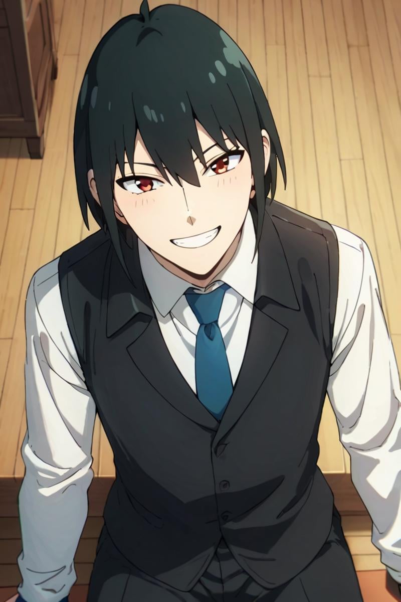 score_9,score_8_up,score_7_up,source_anime,1boy,solo,looking at viewer,Yuri Briar,black hair, red eyes,black vest, white shirt, blue necktie, smile, sitting, grin, from above<lora:EMS-404388-EMS:0.800000>