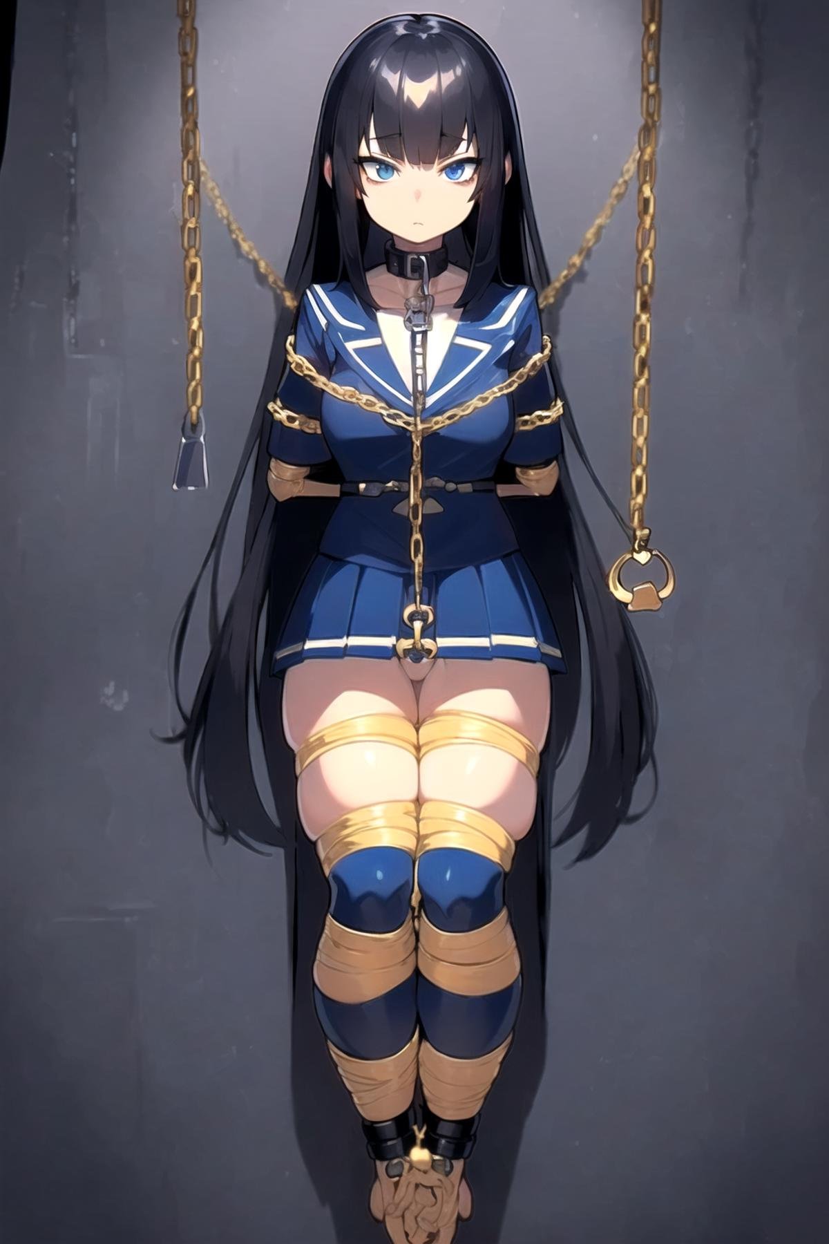 AGGA_ST013,  ((hyper super ultra detailed perfect piece)), illustration, masterpiece, (extremely detailed CG 8k), (very fine 8K CG), (girl, (disgust), slender, black hair, blue eye, full body, wearing school uniform, (shackles), (restrained), ), ((buddy chain mummy creature)), (chain), (buddy restrain mummy creature), <lora:EMS-57983-EMS:1.000000>