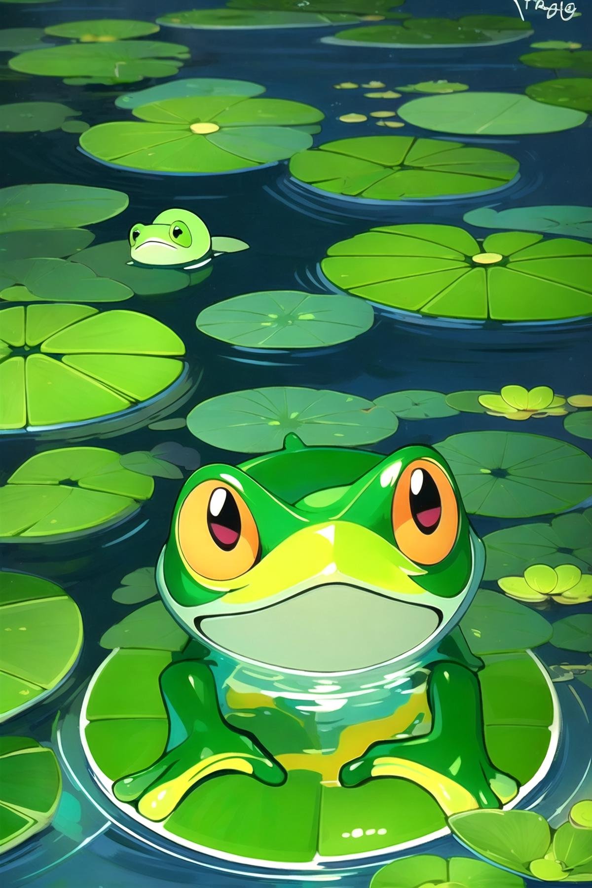 AGGA_ST013,  Cute frog sitting on a lily pad in water, <lora:EMS-57983-EMS:1.000000>