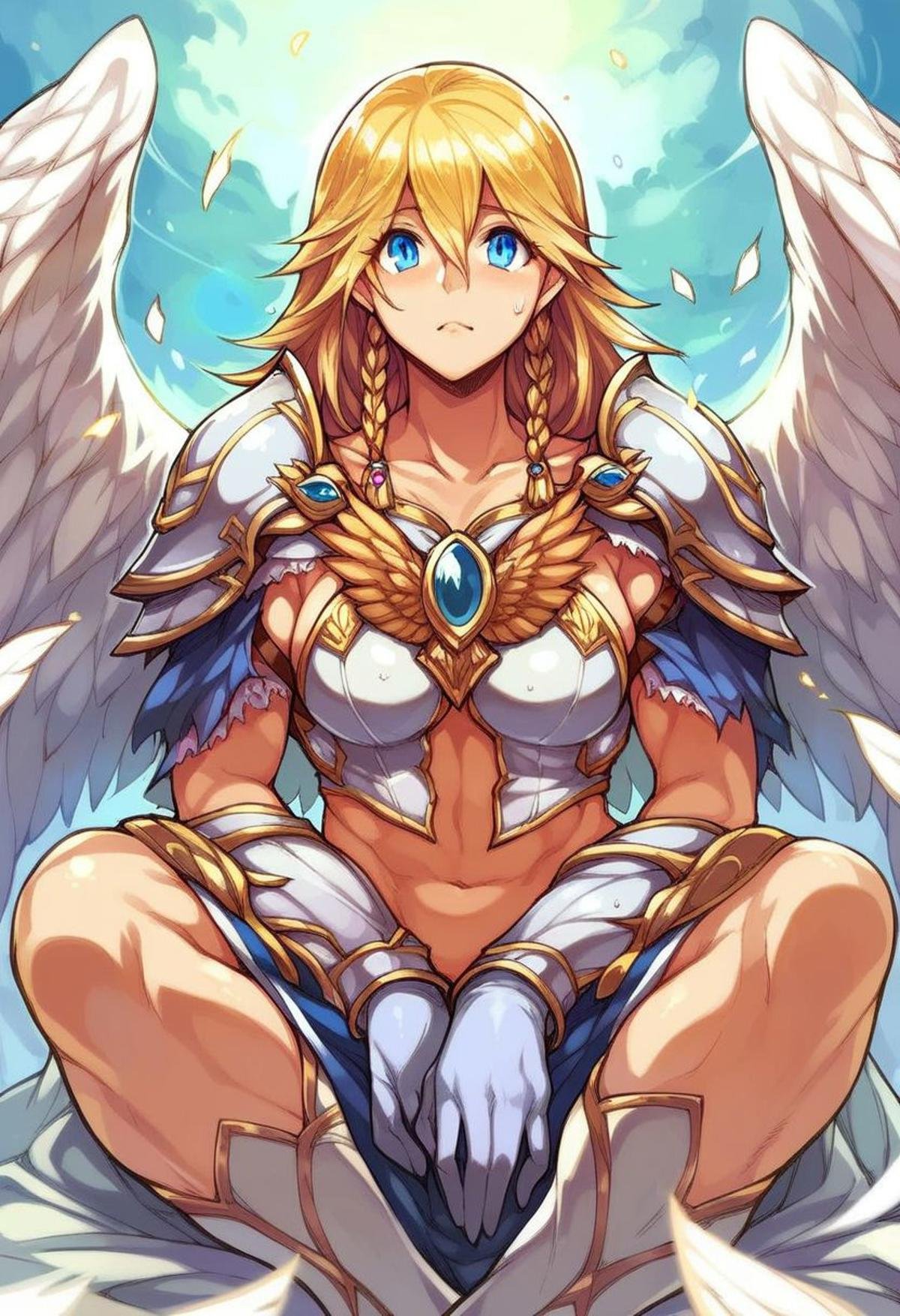 score_9, score_8_up, score_7_up, (masterpiece:1.1), (best quality:1.1), (detailed face and eyes:1.1), woman, blonde hair, blue eyes, valkyrie, valkyrie armor, angel wings, full body,BREAK intricate detail, detailed hair, realistic, sharp focus, perfect face, perfect eyes, zPDXL,  zPDXLxxx