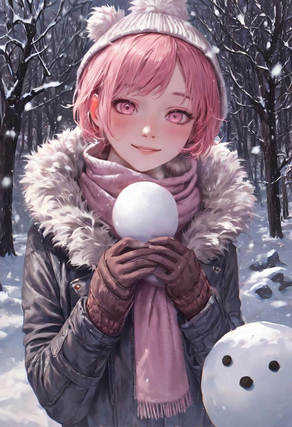 score_9, score_8_up, score_7_up, masterpiece, perfectly detailed, detailed face, detailed eyes, beautiful eyes, source_anime, hi res, masterpiece, best quality, highres, 1girl, , 1girl, pink hair, snowman, scarf, blush, smile, short hair, snow, gloves, winter clothes, pink eyes, breath, looking at viewer, jacket, winter coat