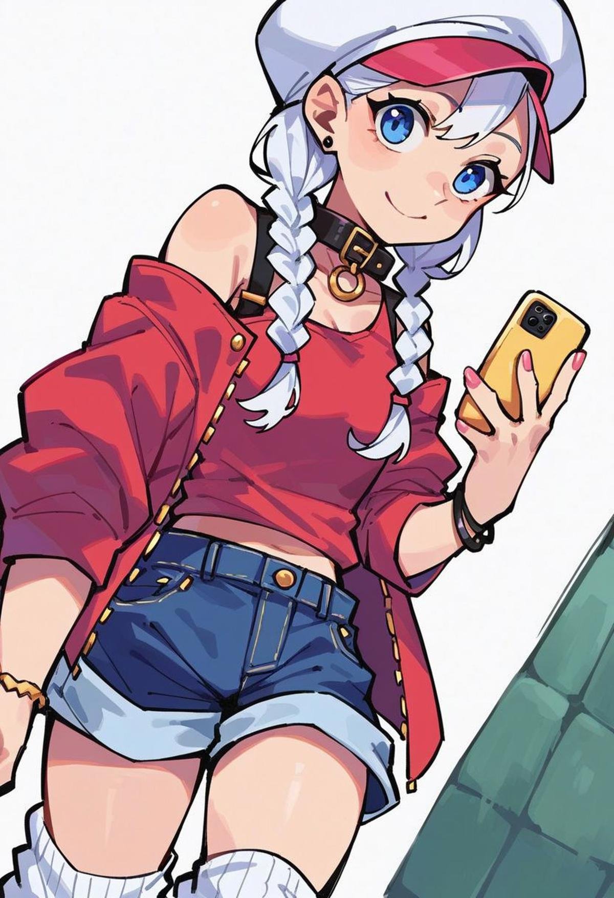 score_9, score_8_up, score_7_up,  source_anime, hi res, masterpiece, best quality, highres, 1girl, solo, smile, twin braids, white headwear, red hair, phone, white hair, :3, collar, shorts, pink nails, blue eyes, loose socks looking at viewer, cowboy shot, dutch angle, white background,  