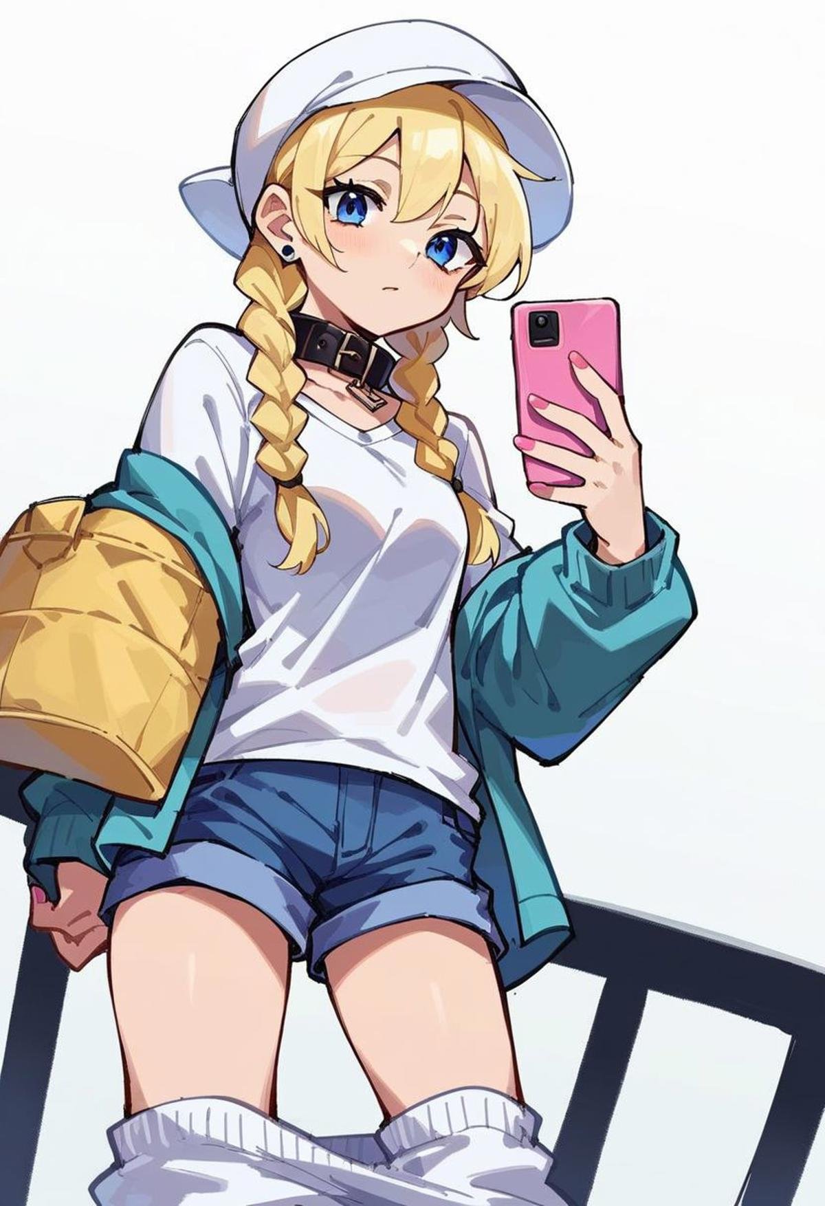 score_9, score_8_up, score_7_up,  source_anime, hi res, masterpiece, best quality, highres, 1girl, twin braids, white headwear, blonde hair, phone, white hair, :3, collar, shorts, pink nails, blue eyes, loose socks looking at viewer, cowboy shot, dutch angle, white background,  