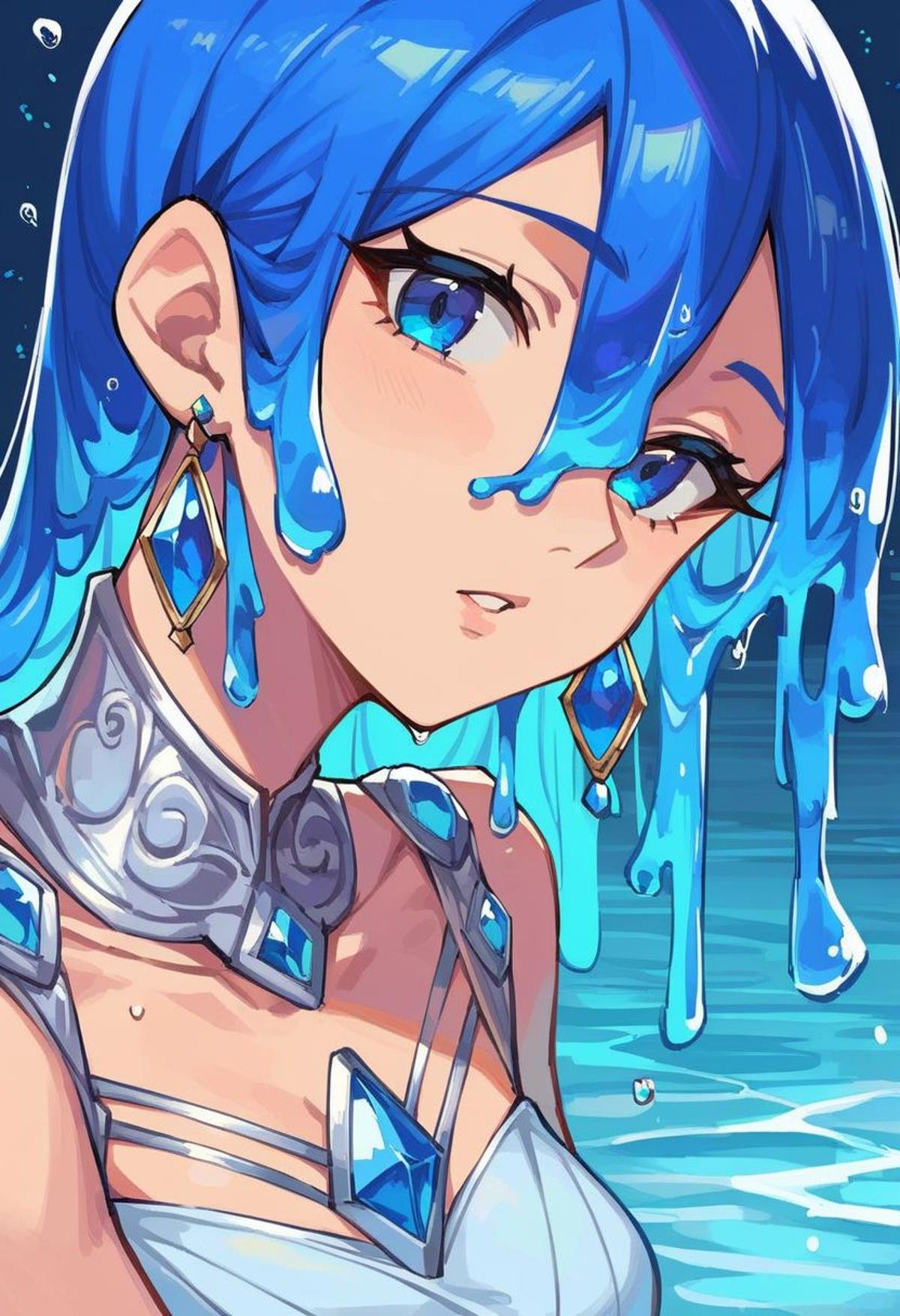 score_9, score_8_up, score_7_up,  source_anime, hi res, masterpiece, best quality, highres, solo, blue eyes, blue hair, looking at viewer, jewelry, portrait, gem, blue theme, earrings, water, bangs, parted lips, hair between eyes, liquid hair, blue gemstone, collarbone, eyelashes