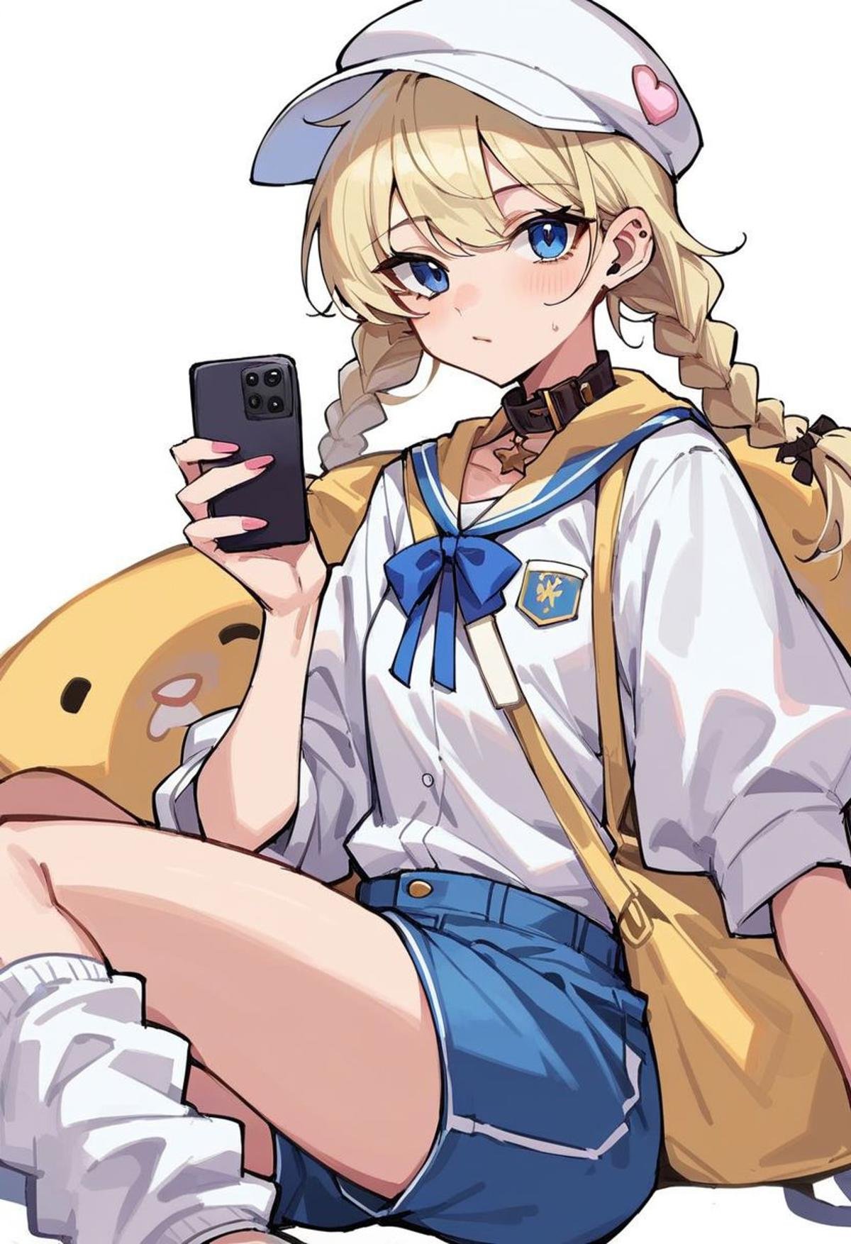 score_9, score_8_up, score_7_up,  source_anime, hi res, masterpiece, best quality, highres, 1girl, twin braids, white headwear, blonde hair, phone, white hair, :3, collar, shorts, pink nails, blue eyes, loose socks looking at viewer, cowboy shot, dutch angle, white background,  