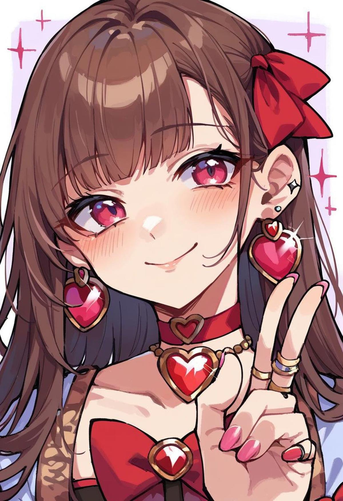 score_9, score_8_up, score_7_up,  source_anime, hi res, masterpiece, best quality, highres, 1girl, jewelry, solo, earrings, ring, nail polish, gem, looking at viewer, piercing, ear piercing, brown hair, smile, portrait, heart, choker, nail art, multicolored nails, pink nails, bangs, red choker, pink eyes, sparkle, red gemstone, heart earrings, long hair, bow, closed mouth, v, ribbon, simple background, red bow, blush, close-up, hand up, red ribbon, hair ribbon, glint
