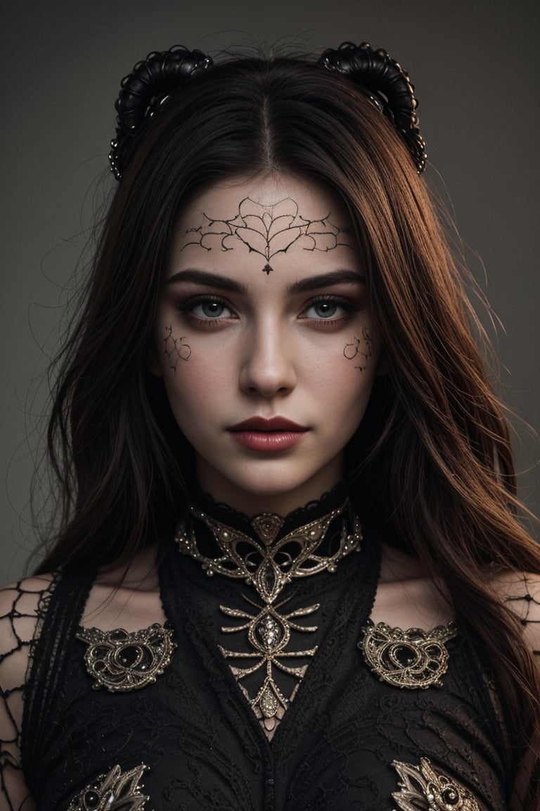 (best quality, 4K, 8K, high-resolution, masterpiece), ultra-detailed, photorealistic, striking young woman, bold Neo-Gothic makeup, bold Neo-Gothic hair, vibrant Pop Art inspired outfit, intricate facial designs, modern fashion, high fashion, vibrant colors, digital art