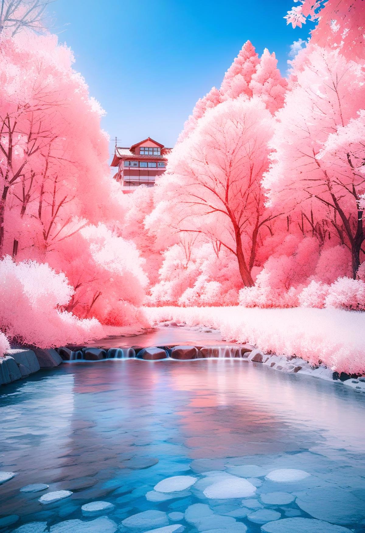 masterpiece, best quality, very aesthetic, absurdres,Infrared_photography, no humans, scenery, outdoors, sky, tree, building, blue sky, day, real world location, traditional media, water <lora:Infrared_photography_SDXL_V1:1>