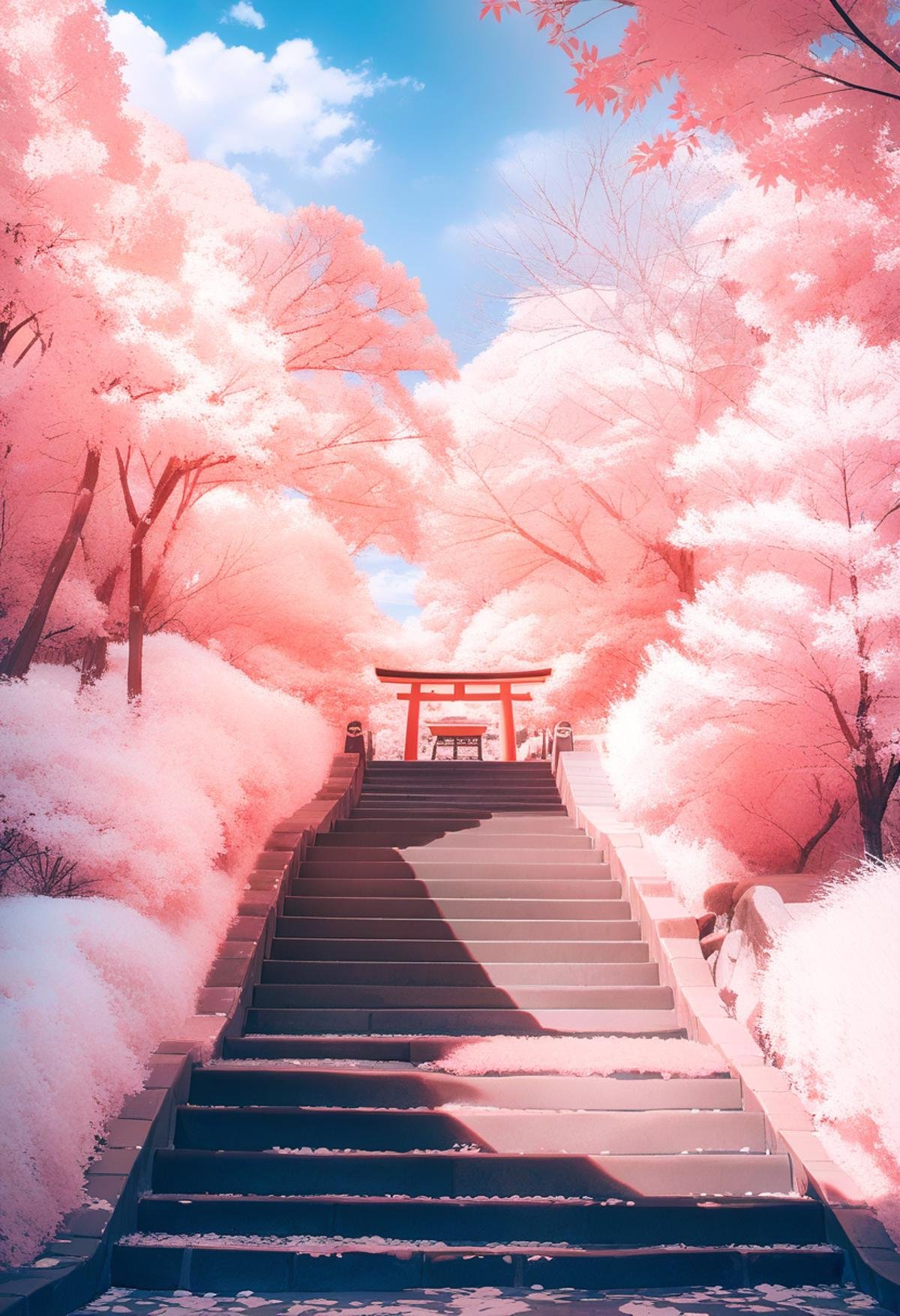 masterpiece, best quality, very aesthetic, absurdres,Infrared_photography, outdoors, scenery, tree, no humans, torii, sky, day, blue sky, cloud, stairs <lora:Infrared_photography_SDXL_V1:1>