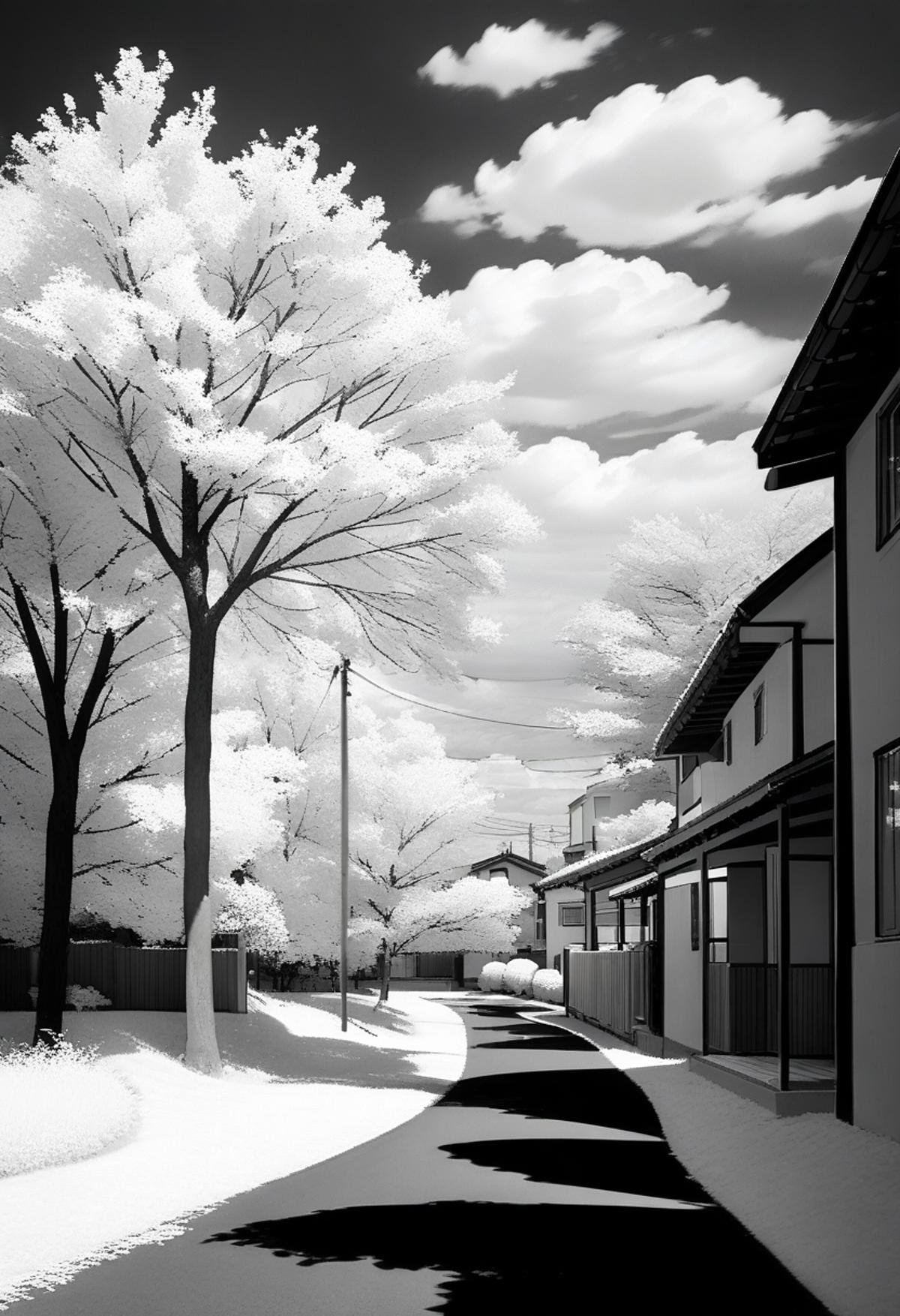 masterpiece, best quality, very aesthetic, absurdres,Infrared_photography, greyscale, monochrome, no humans, tree, scenery, outdoors, house, building, sky, power lines, cloud, road <lora:Infrared_photography_SDXL_V1:1>