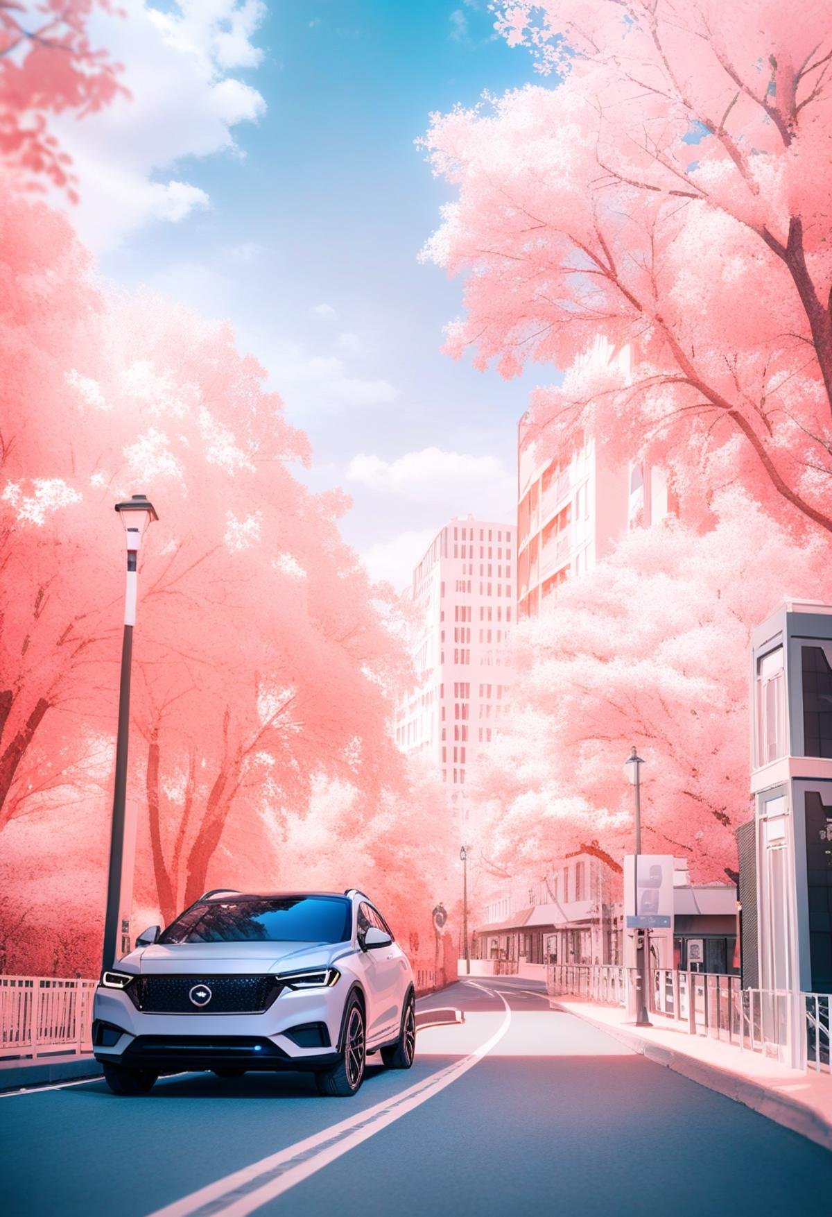 masterpiece, best quality, very aesthetic, absurdres,Infrared_photography, no humans, scenery, ground vehicle, motor vehicle, outdoors, tree, road, car, sky, road sign, building, lamppost, sign, street, cloud, blue sky, day, window, city <lora:Infrared_photography_SDXL_V1:1>