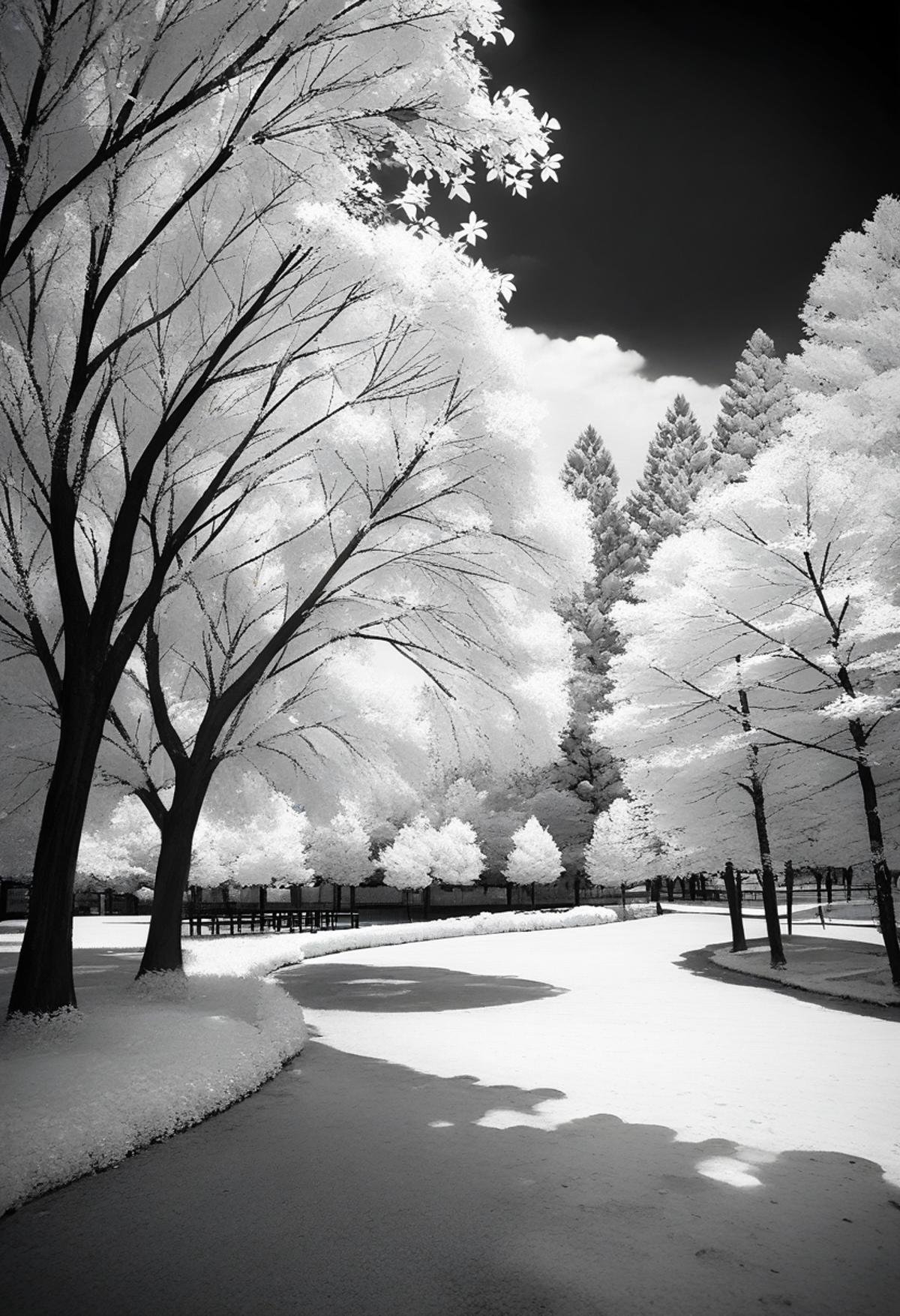 masterpiece, best quality, very aesthetic, absurdres,Infrared_photography, greyscale, monochrome, tree, scenery, no humans, traditional media, outdoors <lora:Infrared_photography_SDXL_V1:1>