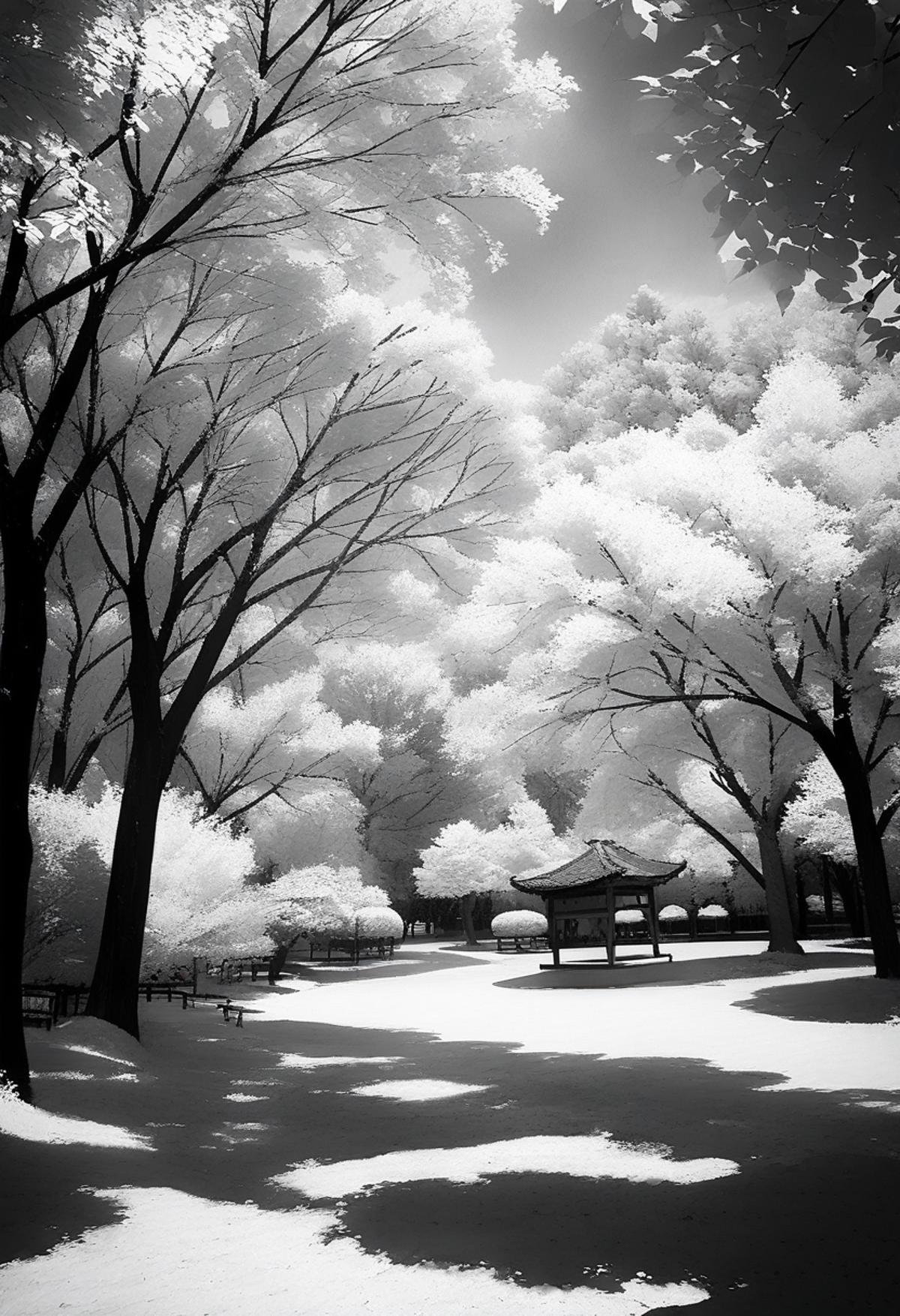 masterpiece, best quality, very aesthetic, absurdres,Infrared_photography, greyscale, monochrome, tree, scenery, no humans, traditional media, outdoors <lora:Infrared_photography_SDXL_V1:1>