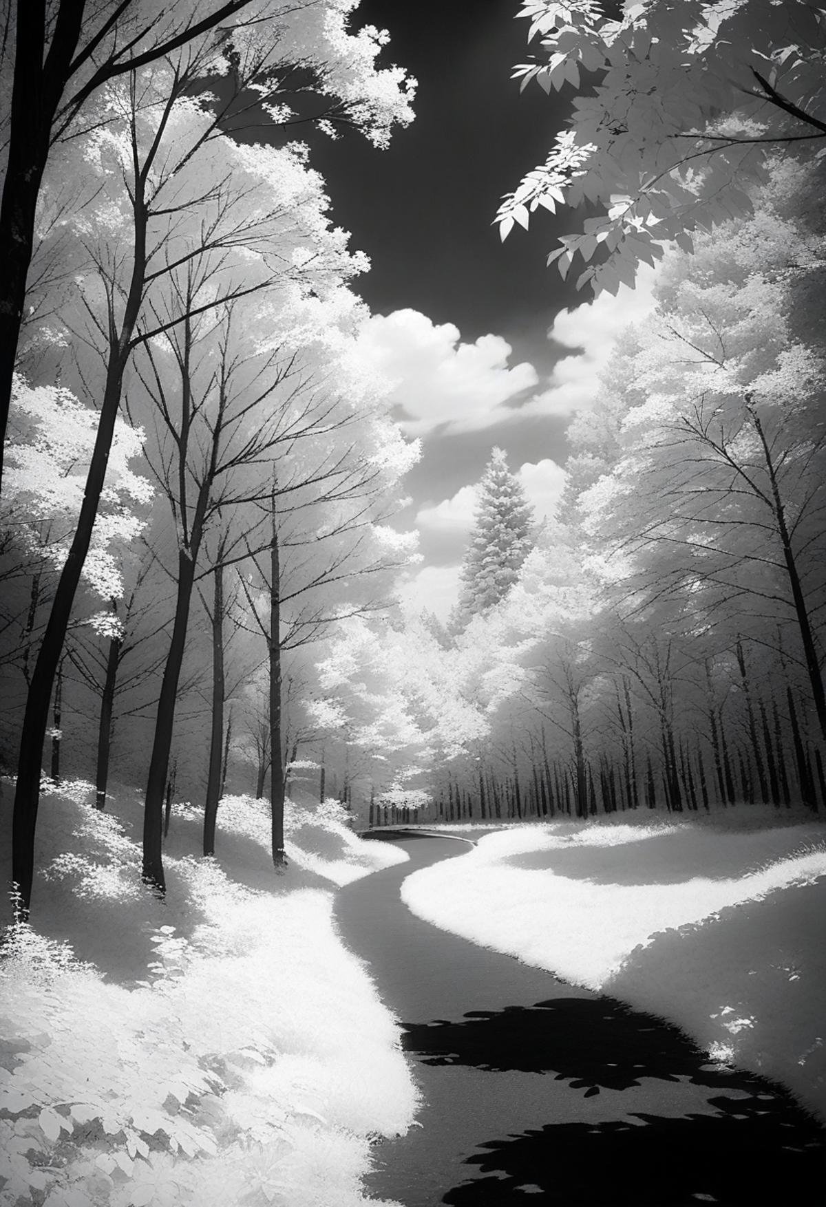 masterpiece, best quality, very aesthetic, absurdres,Infrared_photography, greyscale, no humans, monochrome, tree, nature, forest, scenery, cloud, sky, outdoors, cloudy sky <lora:Infrared_photography_SDXL_V1:1>