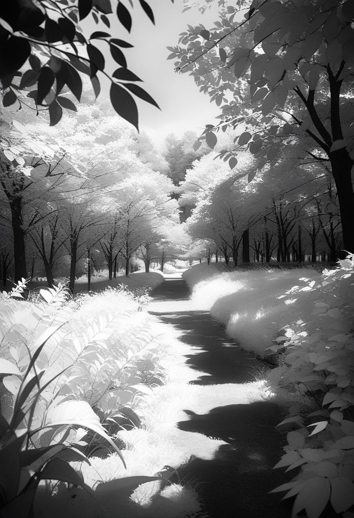 masterpiece, best quality, very aesthetic, absurdres,Infrared_photography, greyscale, monochrome, no humans, scenery, outdoors, leaf, nature, plant, tree, grass <lora:Infrared_photography_SDXL_V1:1>