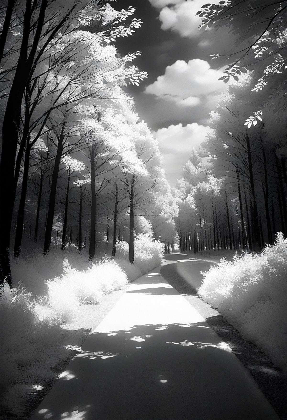 masterpiece, best quality, very aesthetic, absurdres,Infrared_photography, greyscale, no humans, monochrome, tree, scenery, outdoors, sky, road, cloud, nature, dutch angle, sunlight, forest, cloudy sky, traditional media <lora:Infrared_photography_SDXL_V1:1>