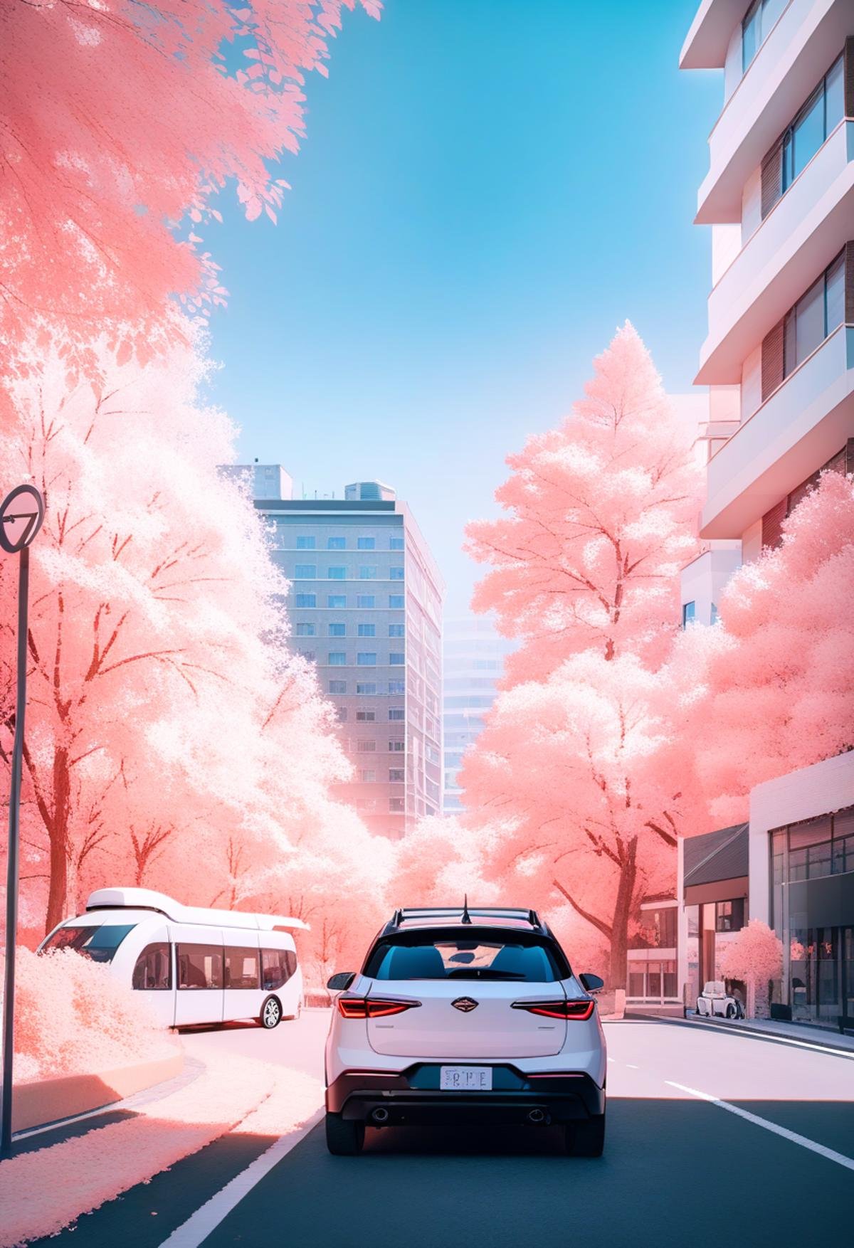 masterpiece, best quality, very aesthetic, absurdres,Infrared_photography, no humans, scenery, ground vehicle, motor vehicle, outdoors, tree, road, car, sky, road sign, building, lamppost, sign, street, cloud, blue sky, day, window, city <lora:Infrared_photography_SDXL_V1:1>