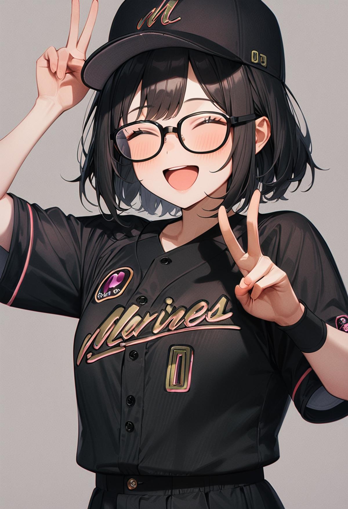 masterpiece, best quality, very aesthetic, absurdres,1girl, glasses, black hair, medium hair, BSW2024_0, baseball uniform, baseball cap, black shirt, skirt, bag, happy, smile, closed eyes, open mouth, v, looking at viewer, simple background, grey background <lora:chiba_lotte_marines_BSW2024_SDXL_V1:1>