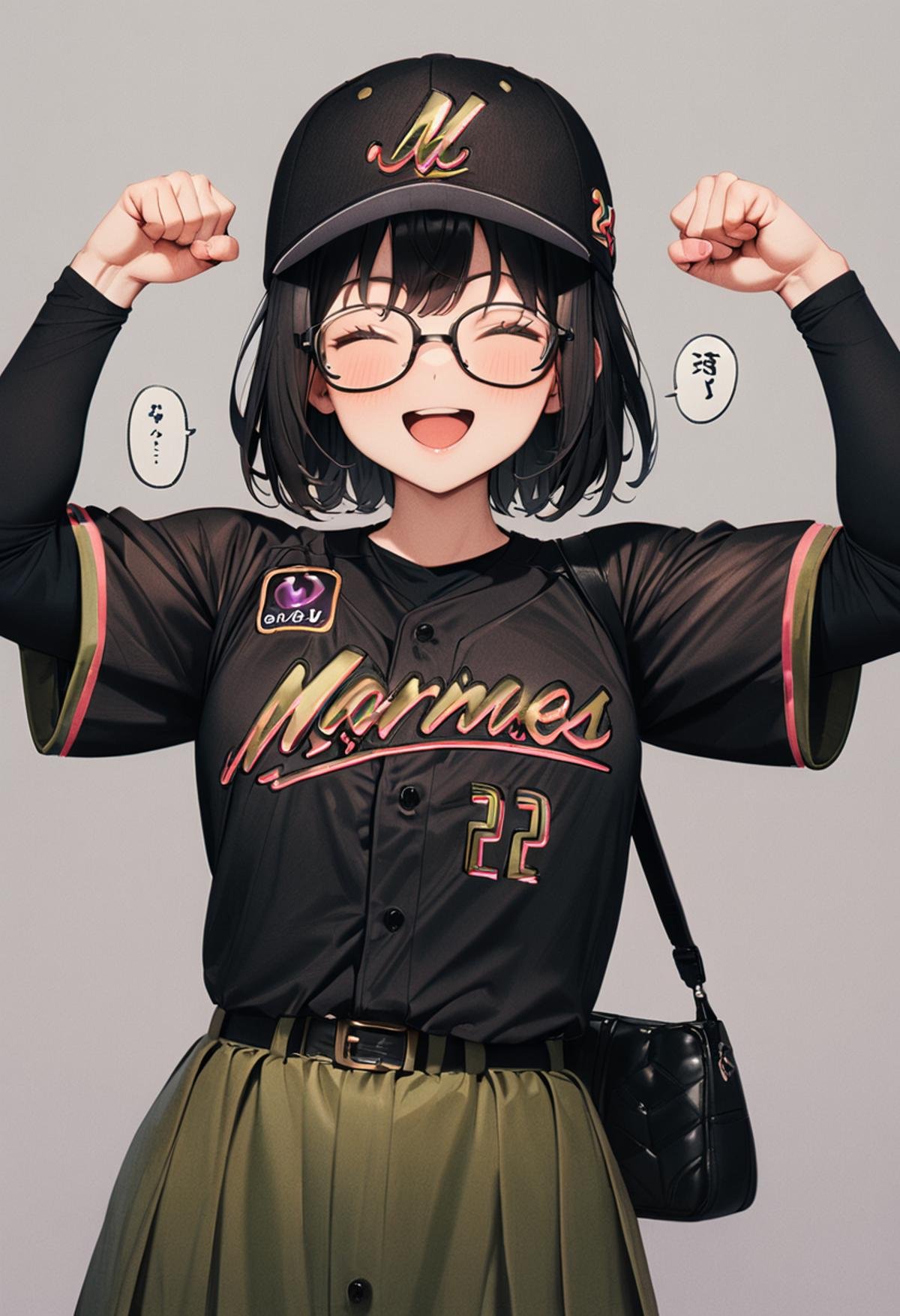 masterpiece, best quality, very aesthetic, absurdres,1girl, glasses, black hair, medium hair, BSW2024_22, baseball uniform, baseball cap, black shirt, skirt, bag, happy, smile, closed eyes, open mouth, flexing, speech bubble, power, looking at viewer, simple background, grey background <lora:chiba_lotte_marines_BSW2024_SDXL_V1:1>