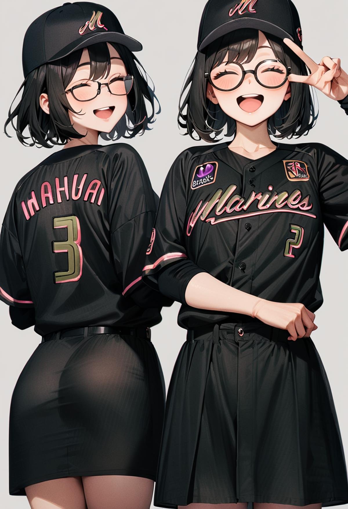 masterpiece, best quality, very aesthetic, absurdres,1girl, glasses, black hair, medium hair, BSW2024, baseball uniform, baseball cap, skirt, bag, happy, smile, closed eyes, open mouth, v, looking at viewer, simple background, grey background <lora:chiba_lotte_marines_BSW2024_SDXL_V1:1>