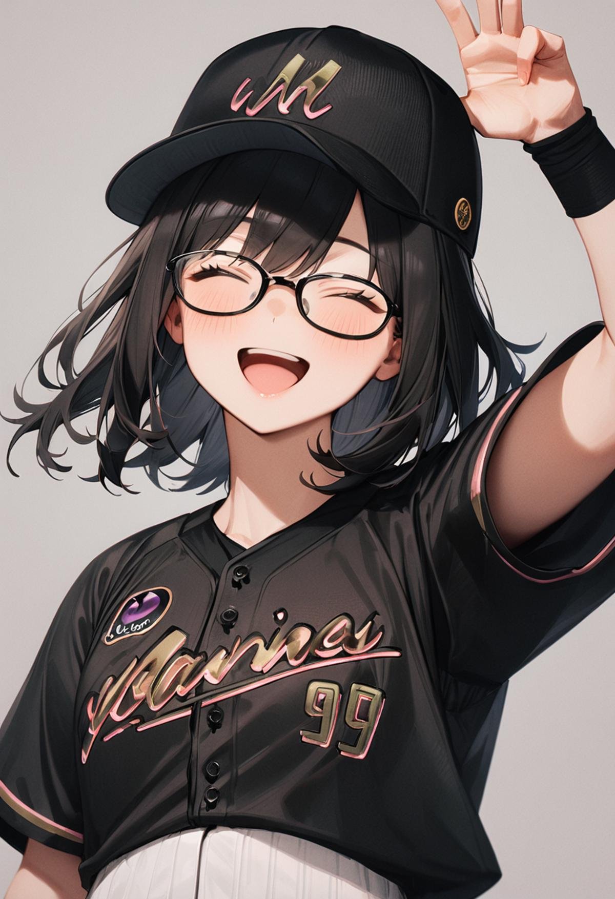 masterpiece, best quality, very aesthetic, absurdres,1girl, glasses, black hair, medium hair, BSW2024_99, baseball uniform, baseball cap, black shirt, white pants, happy, smile, closed eyes, open mouth, arm up, hand up, looking at viewer, simple background, grey background <lora:chiba_lotte_marines_BSW2024_SDXL_V1:1>