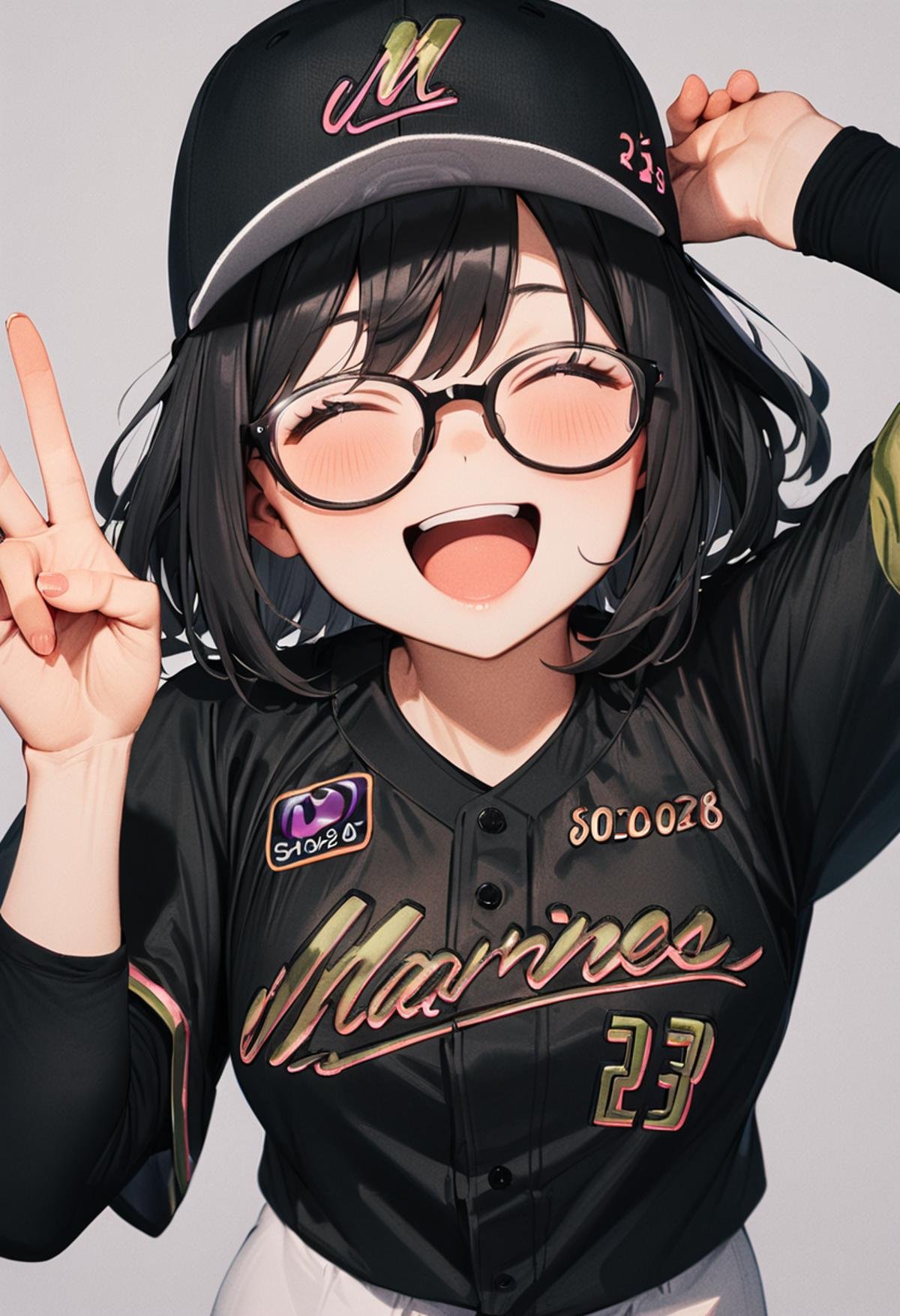 masterpiece, best quality, very aesthetic, absurdres,1girl, glasses, black hair, medium hair, BSW2024_23, baseball uniform, baseball cap, black shirt, white pants, happy, smile, closed eyes, open mouth, v, looking at viewer, simple background, grey background <lora:chiba_lotte_marines_BSW2024_SDXL_V1:1>