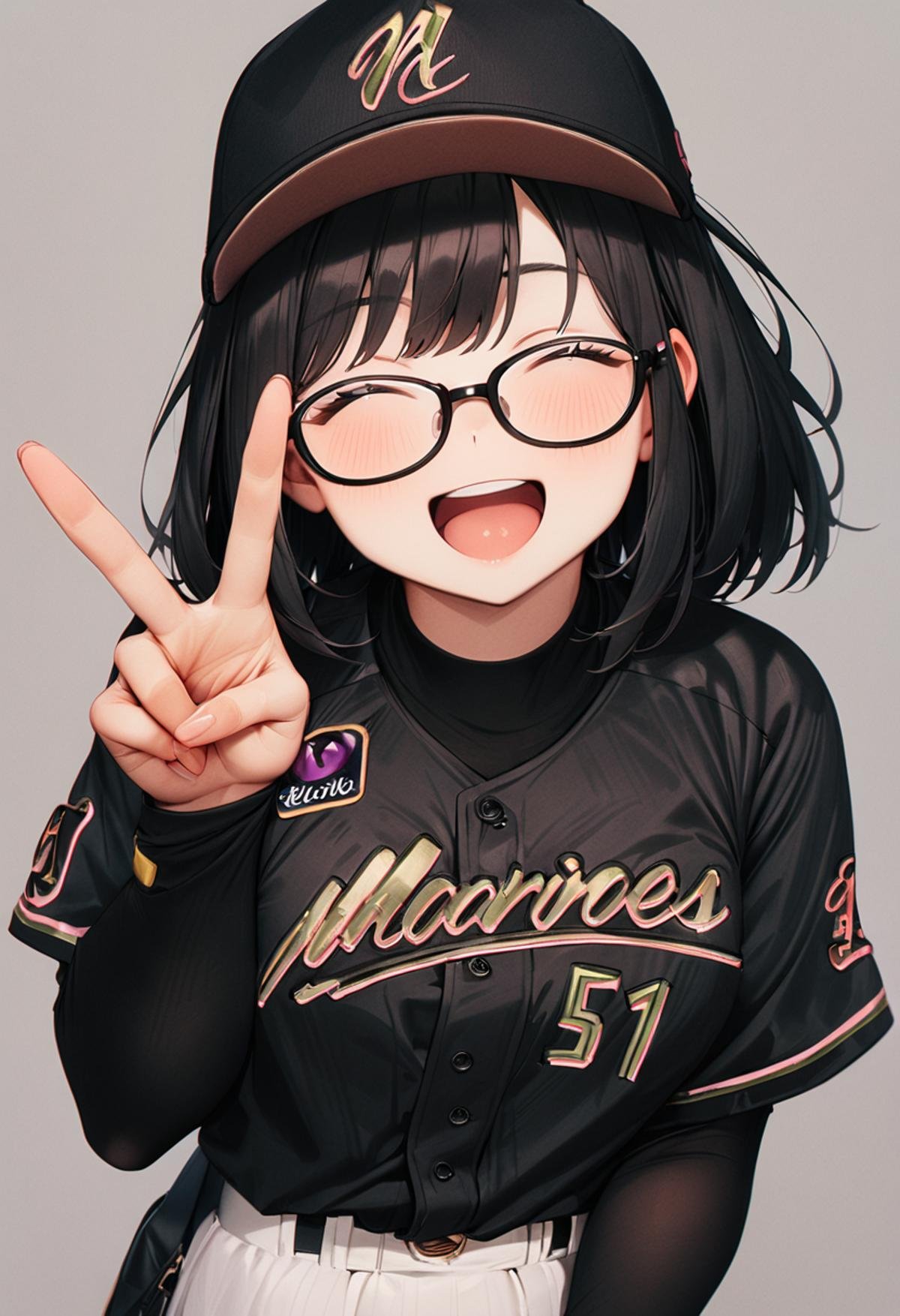 masterpiece, best quality, very aesthetic, absurdres,1girl, glasses, black hair, medium hair, BSW2024_51, baseball uniform, baseball cap, black shirt, skirt, bag, happy, smile, closed eyes, open mouth, v, looking at viewer, simple background, grey background <lora:chiba_lotte_marines_BSW2024_SDXL_V1:1>