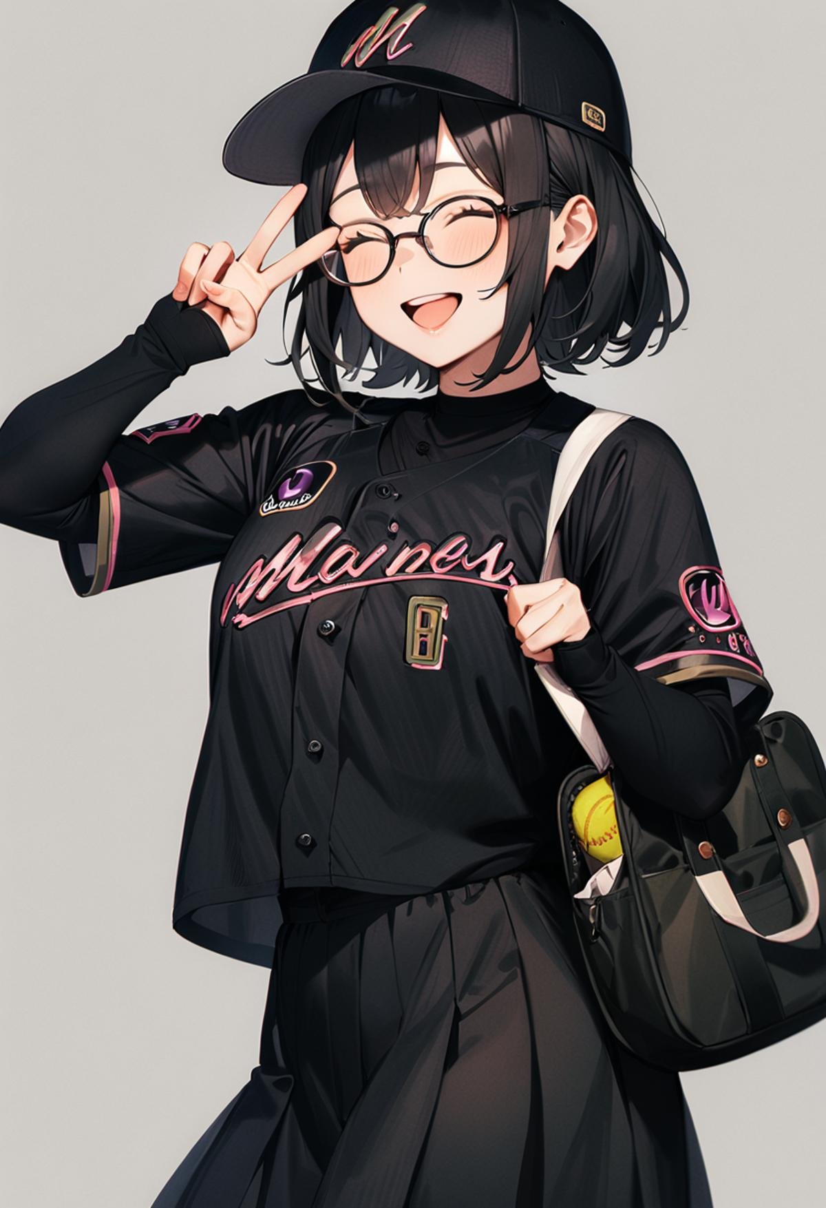 masterpiece, best quality, very aesthetic, absurdres,1girl, glasses, black hair, medium hair, BSW2024, baseball uniform, baseball cap, black shirt, skirt, bag, happy, smile, closed eyes, open mouth, v, looking at viewer, simple background, grey background <lora:chiba_lotte_marines_BSW2024_SDXL_V1:1>