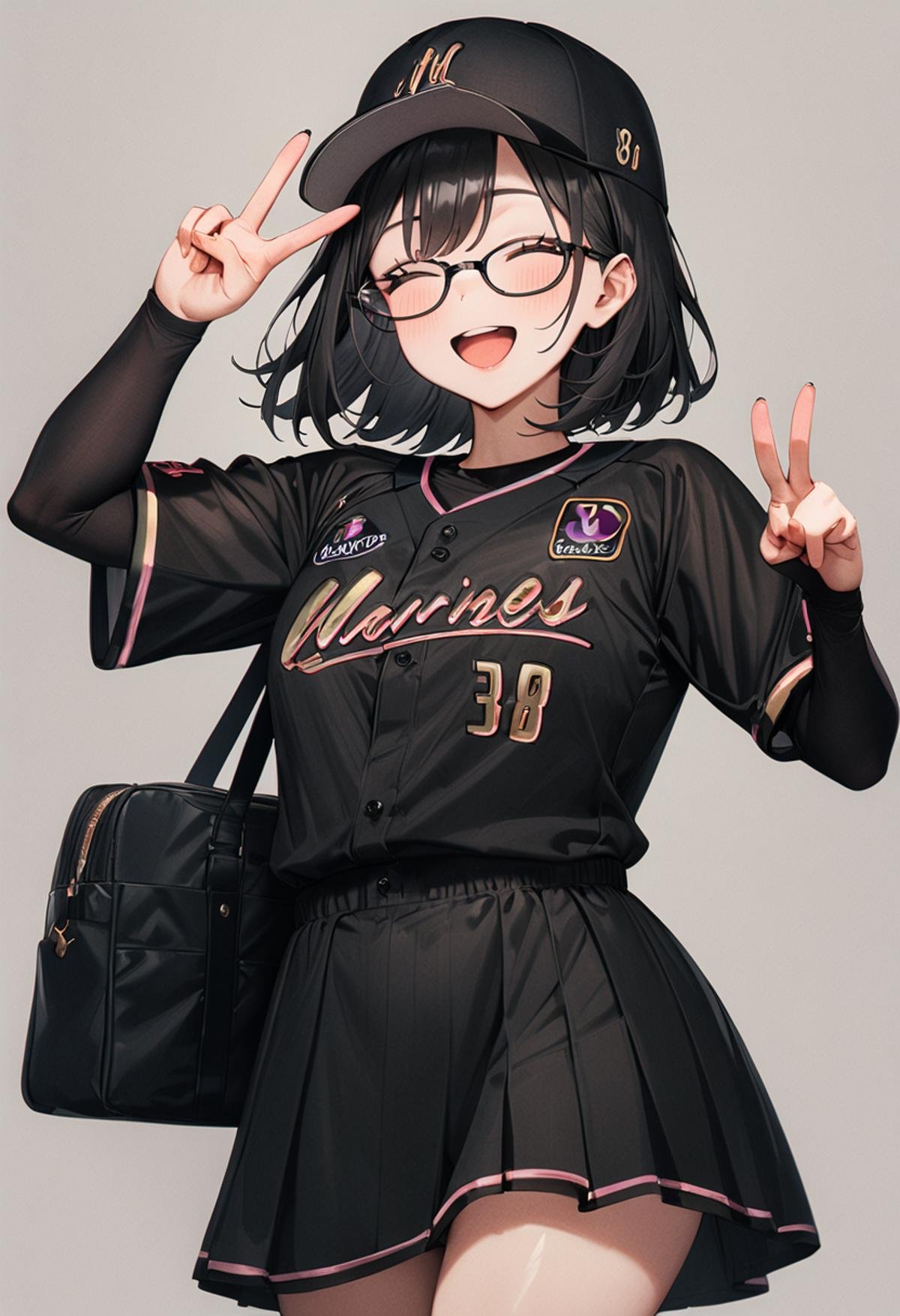 masterpiece, best quality, very aesthetic, absurdres,1girl, glasses, black hair, medium hair, BSW2024_38, baseball uniform, baseball cap, black shirt, skirt, bag, happy, smile, closed eyes, open mouth, v, looking at viewer, simple background, grey background <lora:chiba_lotte_marines_BSW2024_SDXL_V1:1>