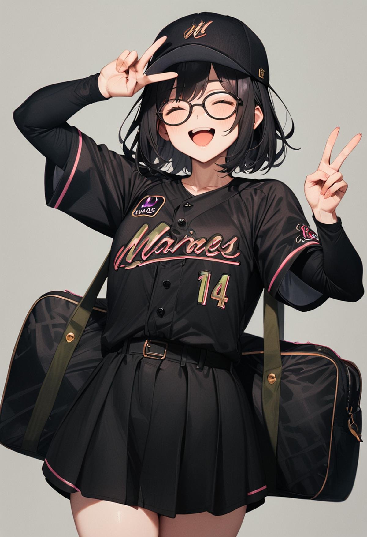masterpiece, best quality, very aesthetic, absurdres,1girl, glasses, black hair, medium hair, BSW2024_14, baseball uniform, baseball cap, black shirt, skirt, bag, happy, smile, closed eyes, open mouth, v, looking at viewer, simple background, grey background <lora:chiba_lotte_marines_BSW2024_SDXL_V1:1>
