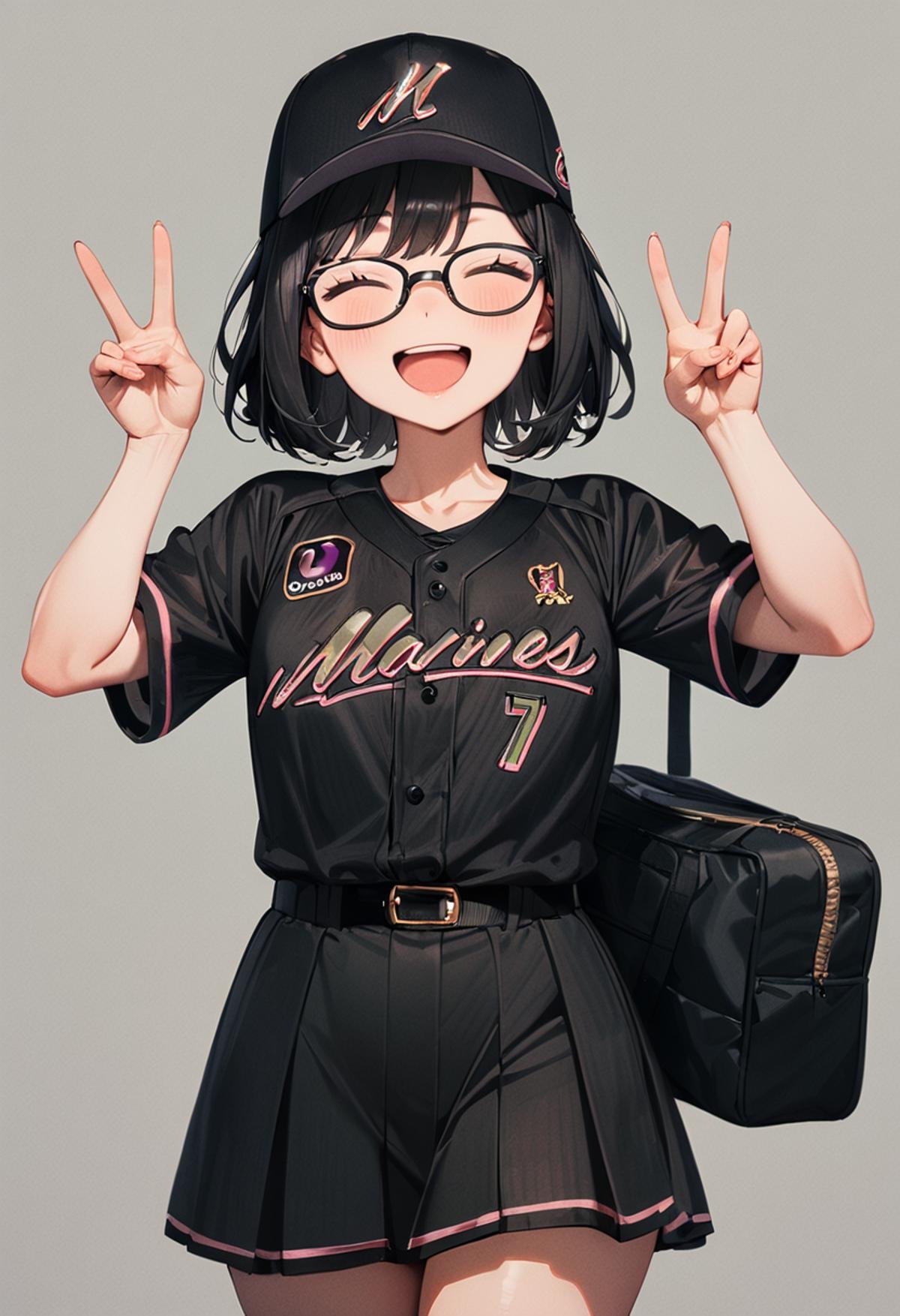 masterpiece, best quality, very aesthetic, absurdres,1girl, glasses, black hair, medium hair, BSW2024_7, baseball uniform, baseball cap, black shirt, skirt, bag, happy, smile, closed eyes, open mouth, v, looking at viewer, simple background, grey background <lora:chiba_lotte_marines_BSW2024_SDXL_V1:1>