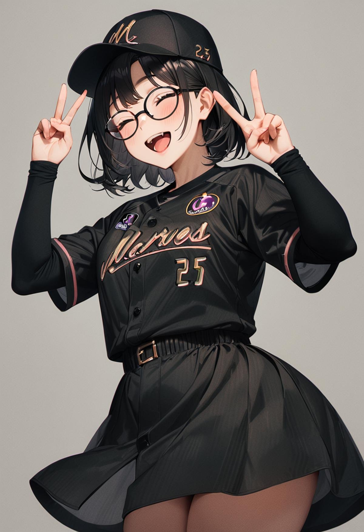masterpiece, best quality, very aesthetic, absurdres,1girl, glasses, black hair, medium hair, BSW2024_25, baseball uniform, baseball cap, black shirt, skirt, bag, happy, smile, closed eyes, open mouth, v, looking at viewer, simple background, grey background <lora:chiba_lotte_marines_BSW2024_SDXL_V1:1>