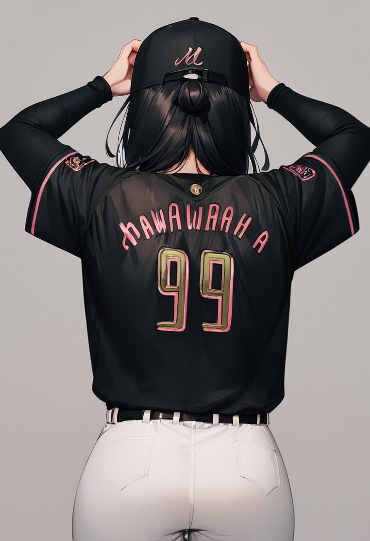 masterpiece, best quality, very aesthetic, absurdres,1girl, glasses, black hair, medium hair, BSW2024_99, baseball uniform, baseball cap, black shirt, white pants, happy, smile,  arms up, hands up, from behind, simple background, grey background <lora:chiba_lotte_marines_BSW2024_SDXL_V1:1>