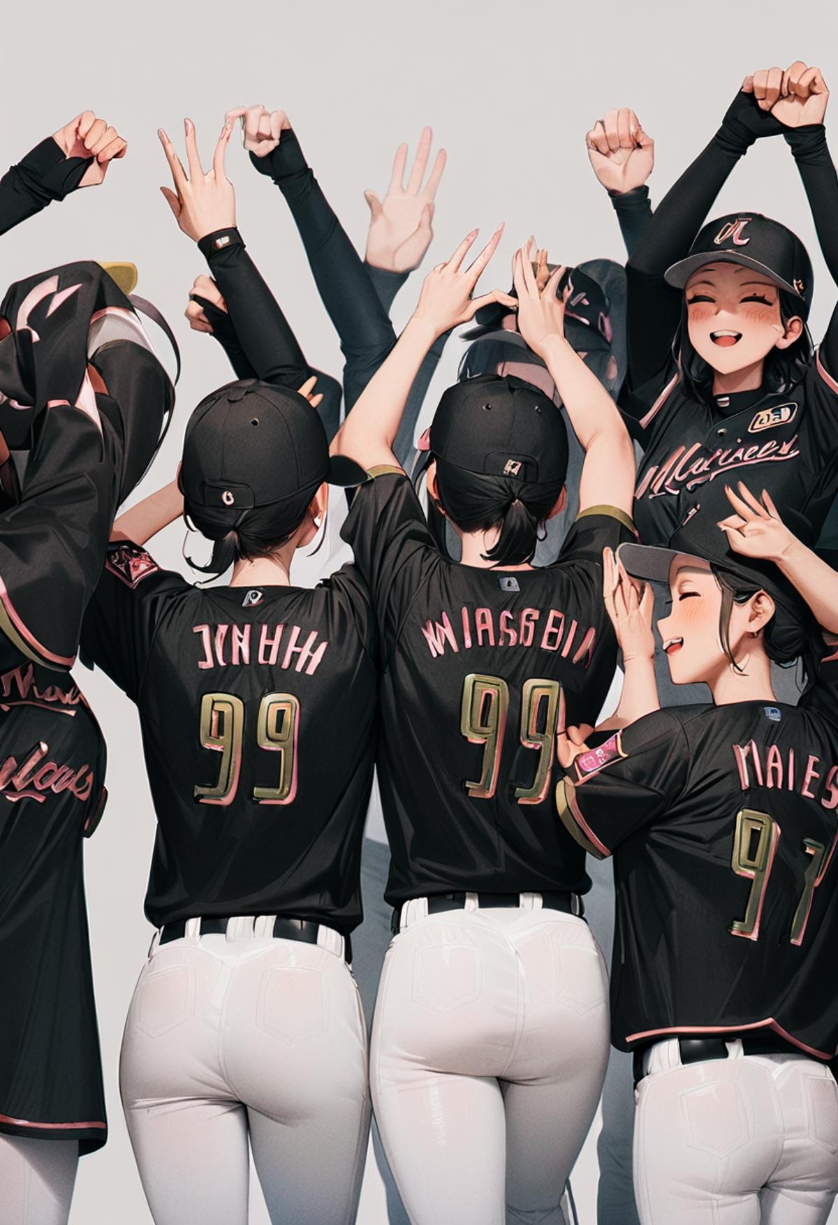 masterpiece, best quality, very aesthetic, absurdres,multiple girls, 6+girls, black hair, medium hair, BSW2024_99, baseball uniform, baseball cap, black shirt, white pants, happy, smile,  arms up, hands up, from behind, simple background, grey background <lora:chiba_lotte_marines_BSW2024_SDXL_V1:1>
