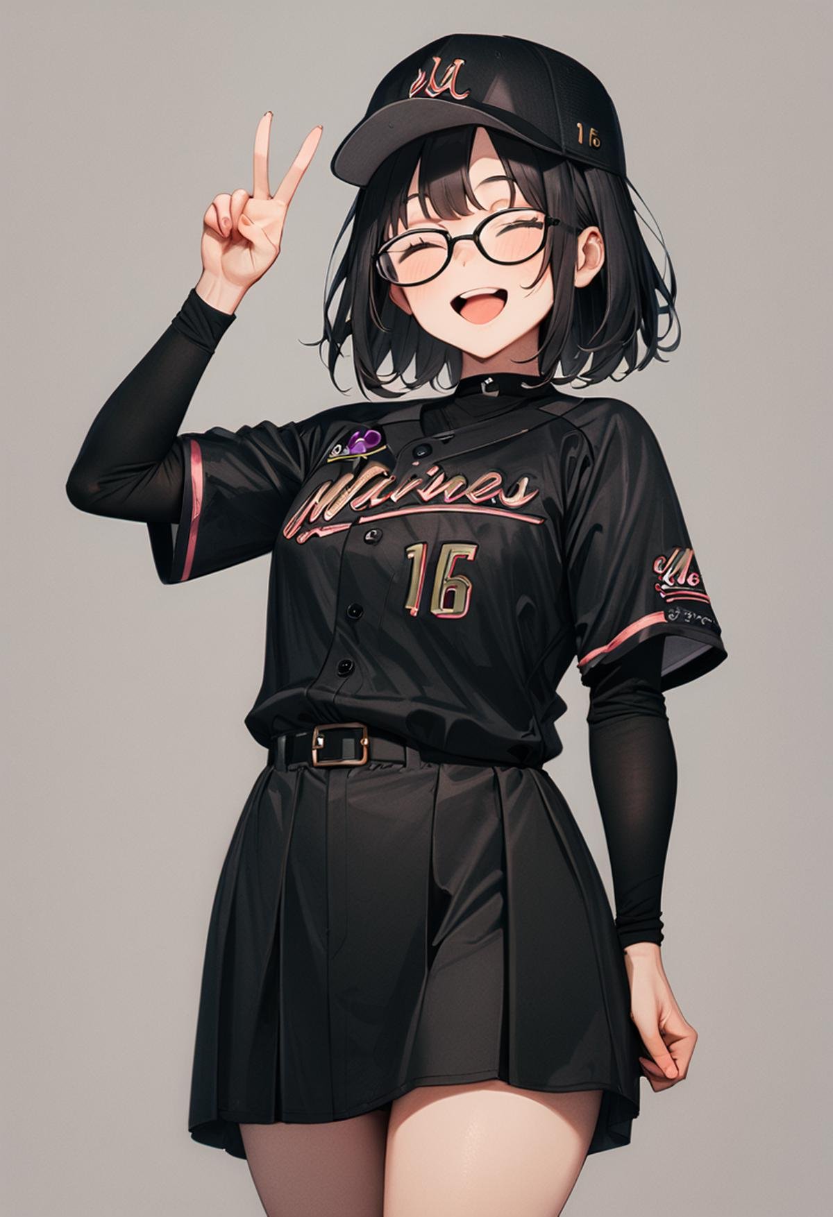 masterpiece, best quality, very aesthetic, absurdres,1girl, glasses, black hair, medium hair, BSW2024_16, baseball uniform, baseball cap, black shirt, skirt, bag, happy, smile, closed eyes, open mouth, v, looking at viewer, simple background, grey background <lora:chiba_lotte_marines_BSW2024_SDXL_V1:1>