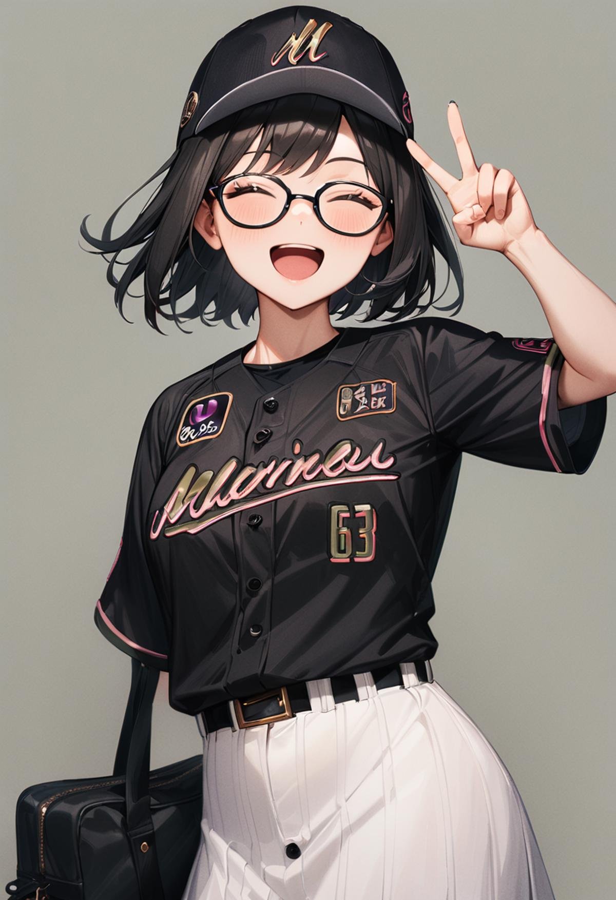 masterpiece, best quality, very aesthetic, absurdres,1girl, glasses, black hair, medium hair, BSW2024_63, baseball uniform, baseball cap, black shirt, skirt, bag, happy, smile, closed eyes, open mouth, v, looking at viewer, simple background, grey background <lora:chiba_lotte_marines_BSW2024_SDXL_V1:1>