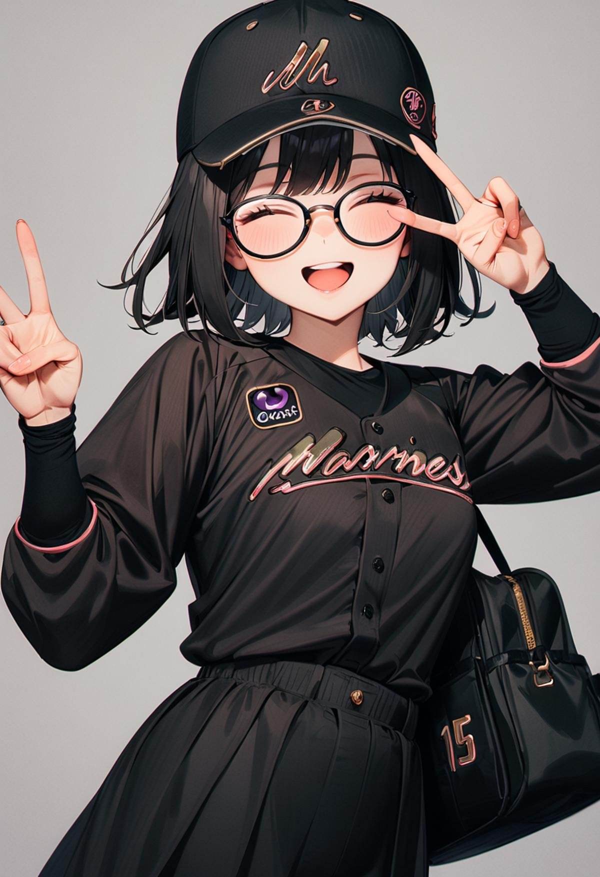 masterpiece, best quality, very aesthetic, absurdres,1girl, glasses, black hair, medium hair, BSW2024, baseball uniform, baseball cap, black shirt, skirt, bag, happy, smile, closed eyes, open mouth, v, looking at viewer, simple background, grey background <lora:chiba_lotte_marines_BSW2024_SDXL_V1:1>