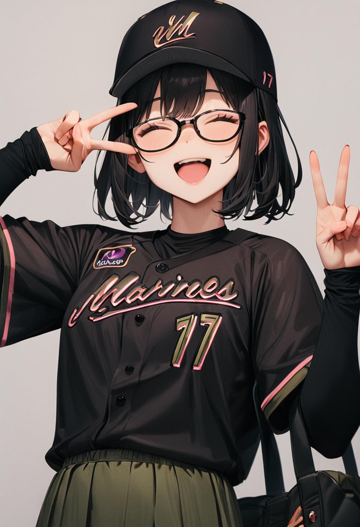 masterpiece, best quality, very aesthetic, absurdres,1girl, glasses, black hair, medium hair, BSW2024_17, baseball uniform, baseball cap, black shirt, skirt, bag, happy, smile, closed eyes, open mouth, v, looking at viewer, simple background, grey background <lora:chiba_lotte_marines_BSW2024_SDXL_V1:1>